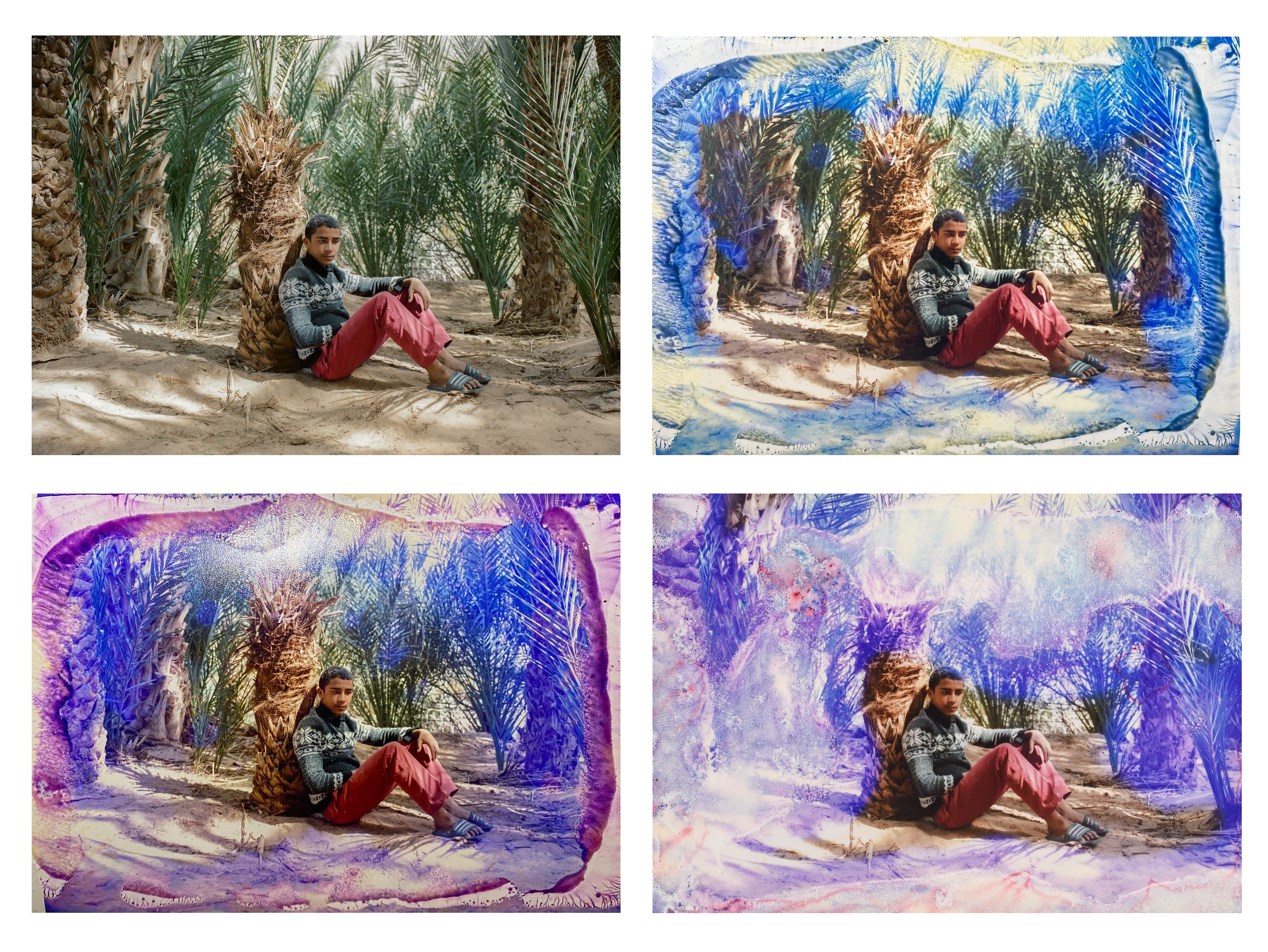 Four images of a boy sitting under a palm tree. Images appear to have been manipulated with acid, creating a blue film. Photos by Seif Kousmate
