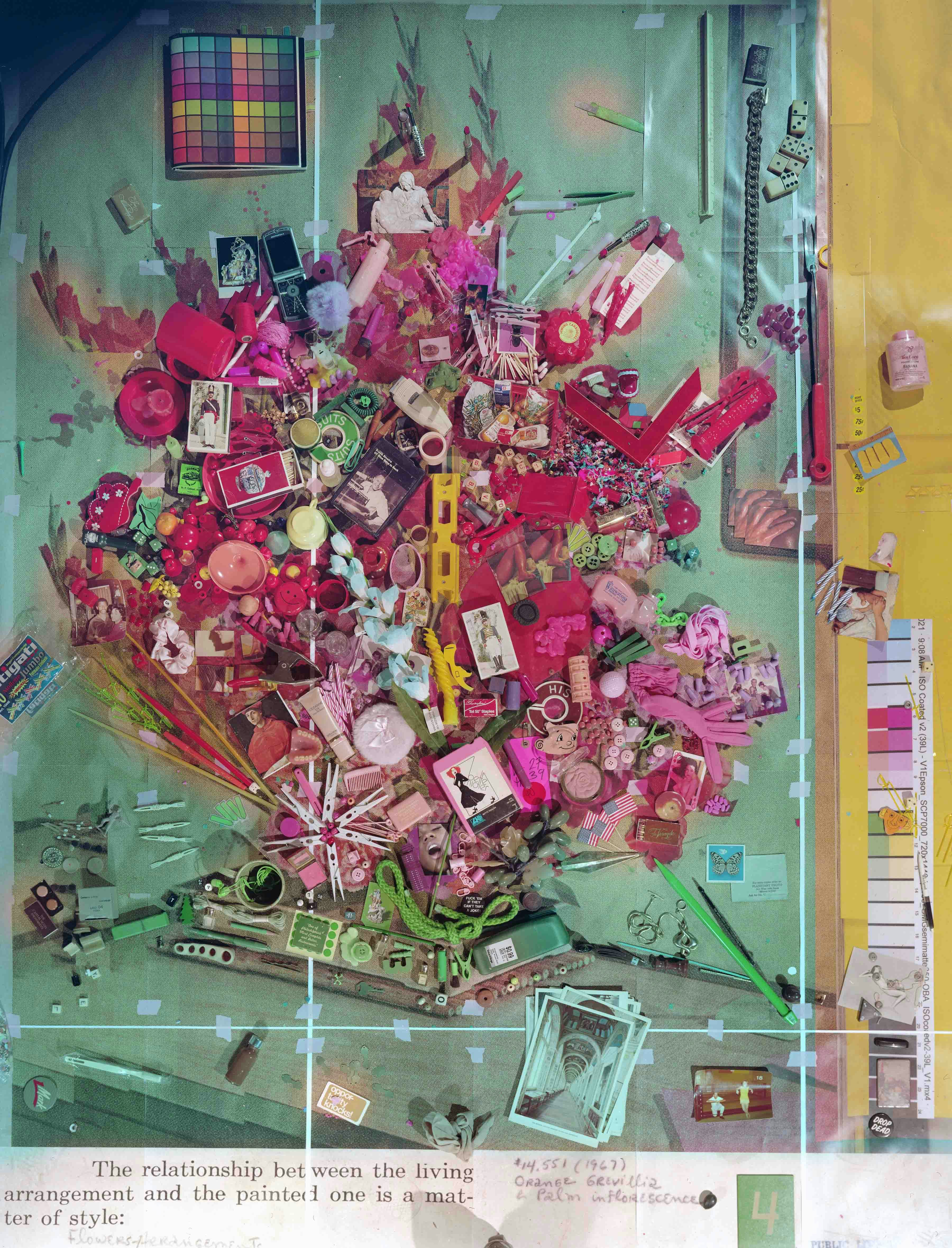 A collage type of work forming a flower arrangement, but is made from collected pink looking objects from the house.