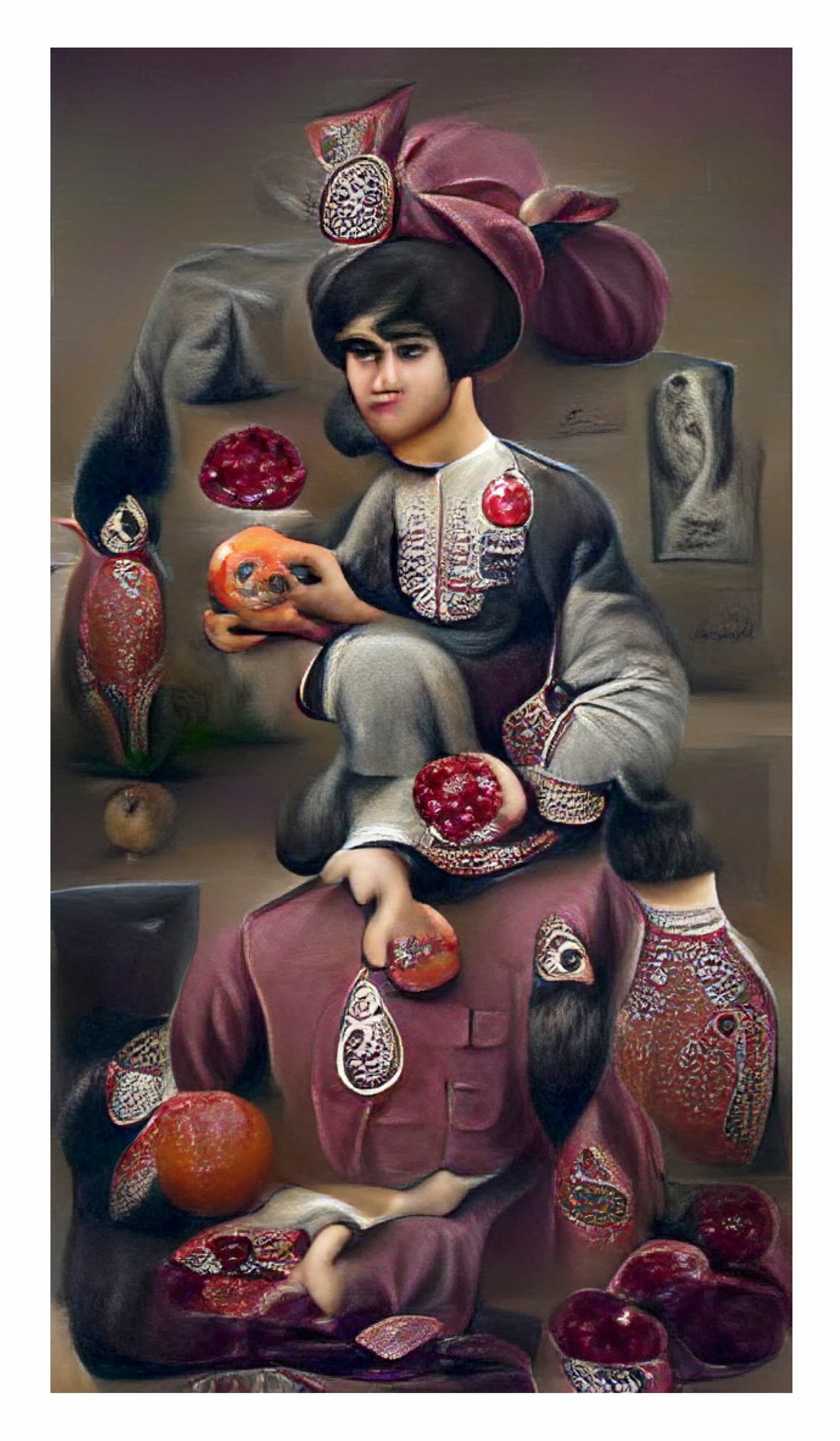 AI generated portrait of a Persian person, in Qajar painting style