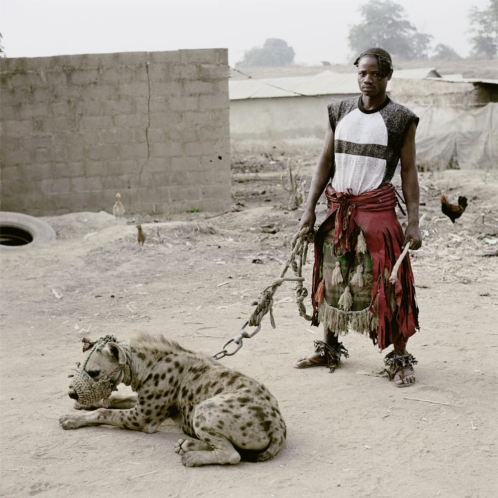 Nigeriaan staat met een hyena aan de ketting, de laatste ligt op de grond. In de achtergrond is een bakstenen muurtje zichtbaar.