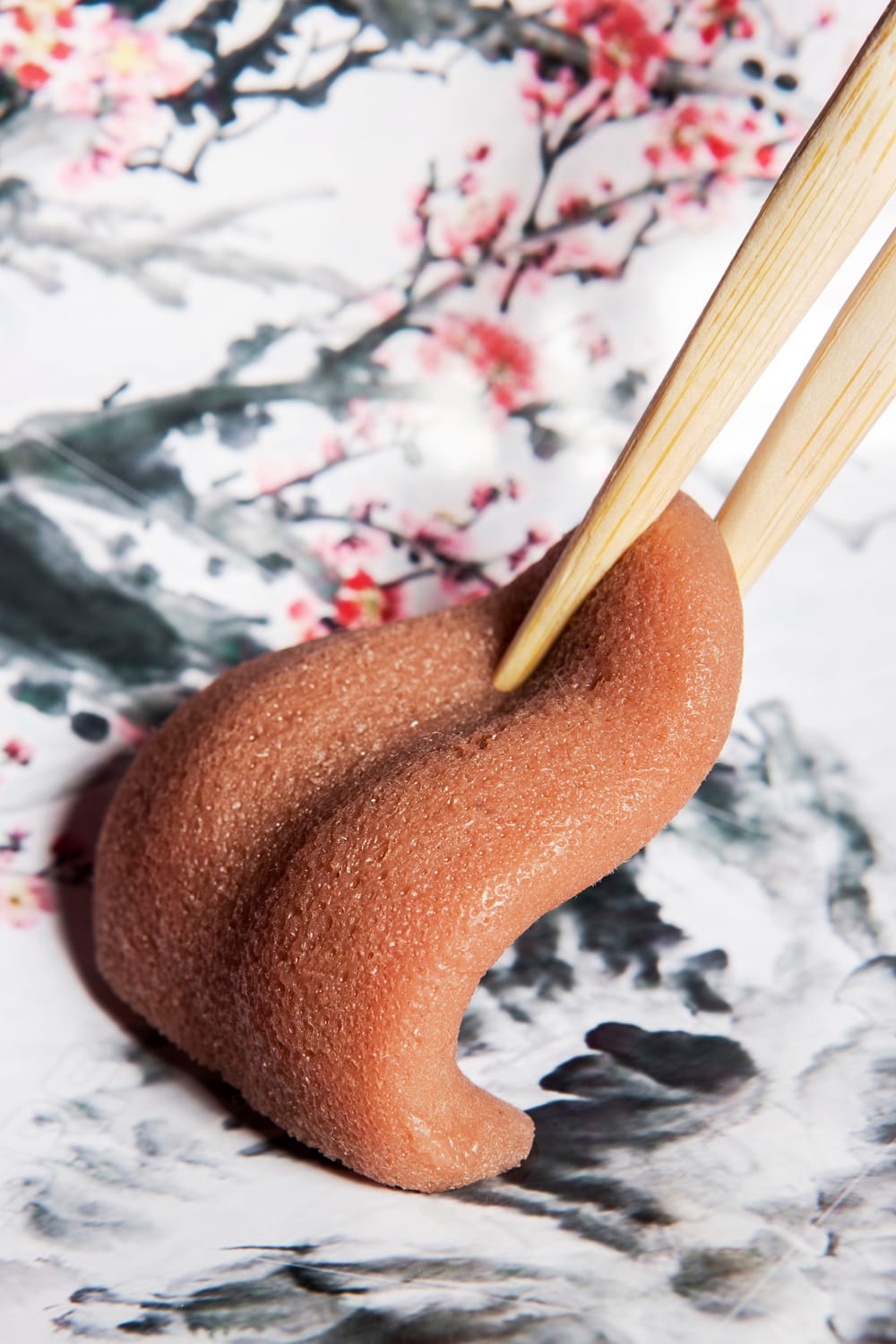 A photograph of a tongue on a painted background with flowers, held by chopsticks