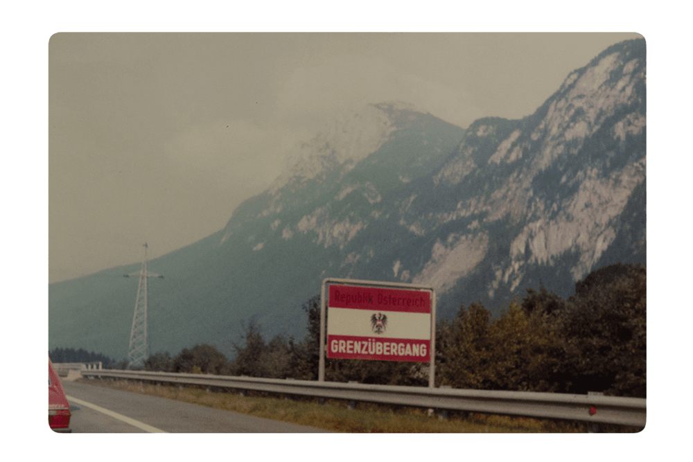 Archival holiday picture from the artist's personal archive, showing the border crossing with Austria, from the highway © Sander Coers