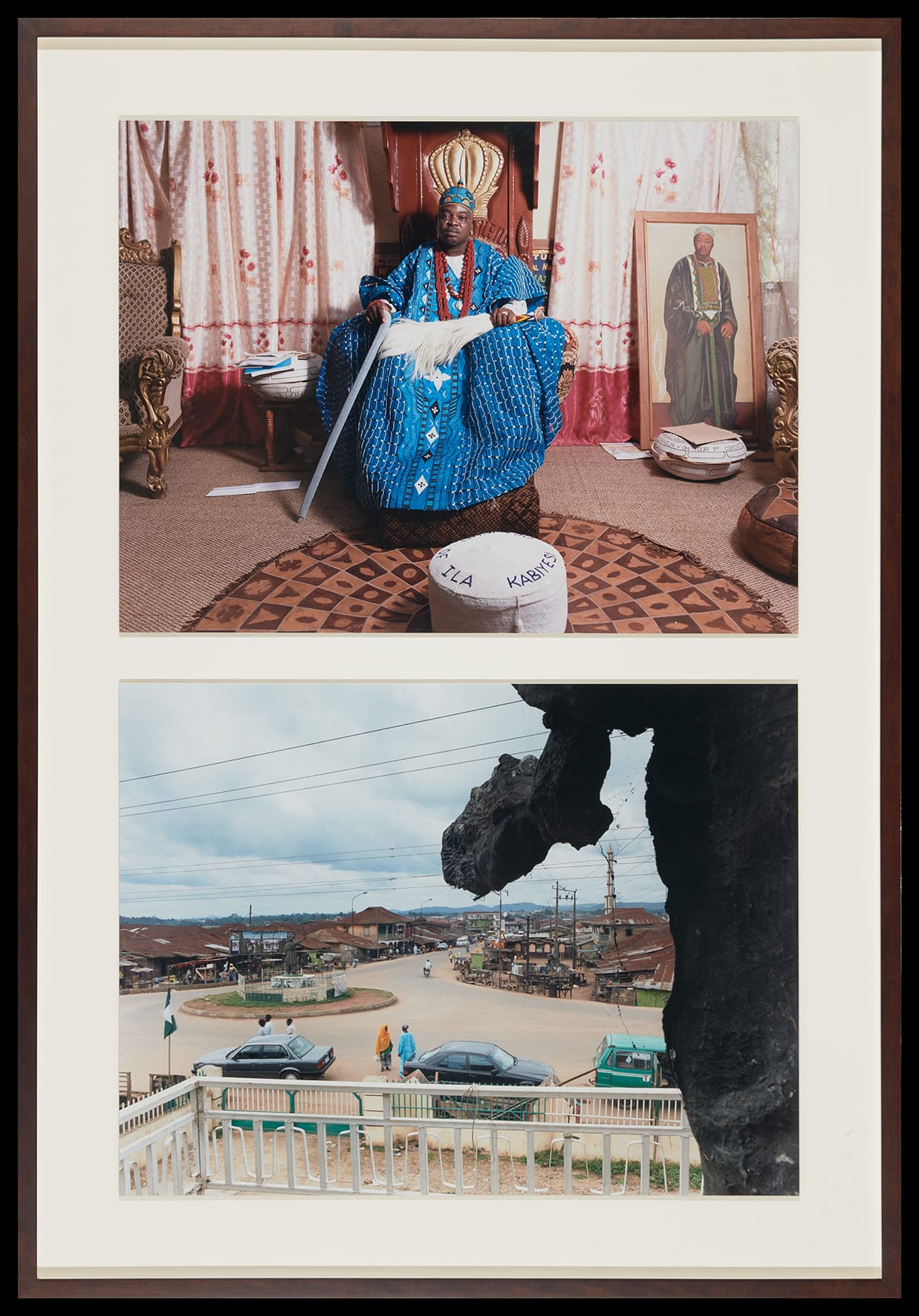 Diptych has at the top an image of a Yoruba ruler, and at the bottom an image of  the landscape or cityscape of their domain.