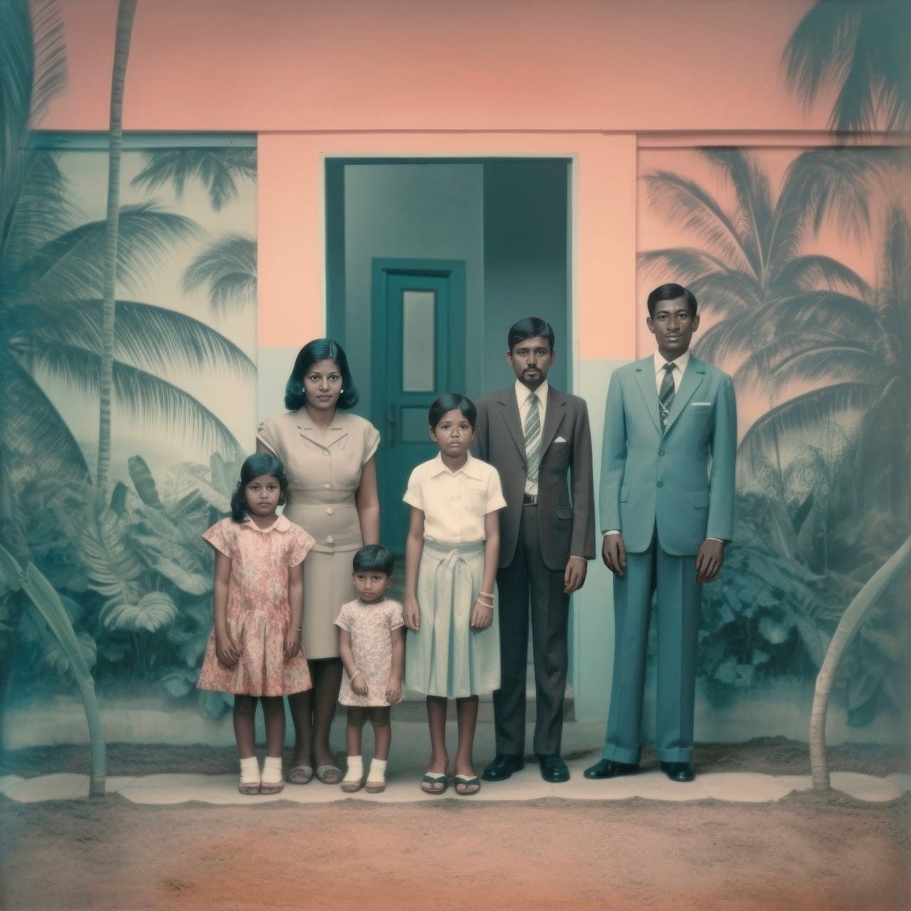 Vintage-style portrait of a family of six people, standing against a tropical-themed backdrop in a warmly lit setting.
