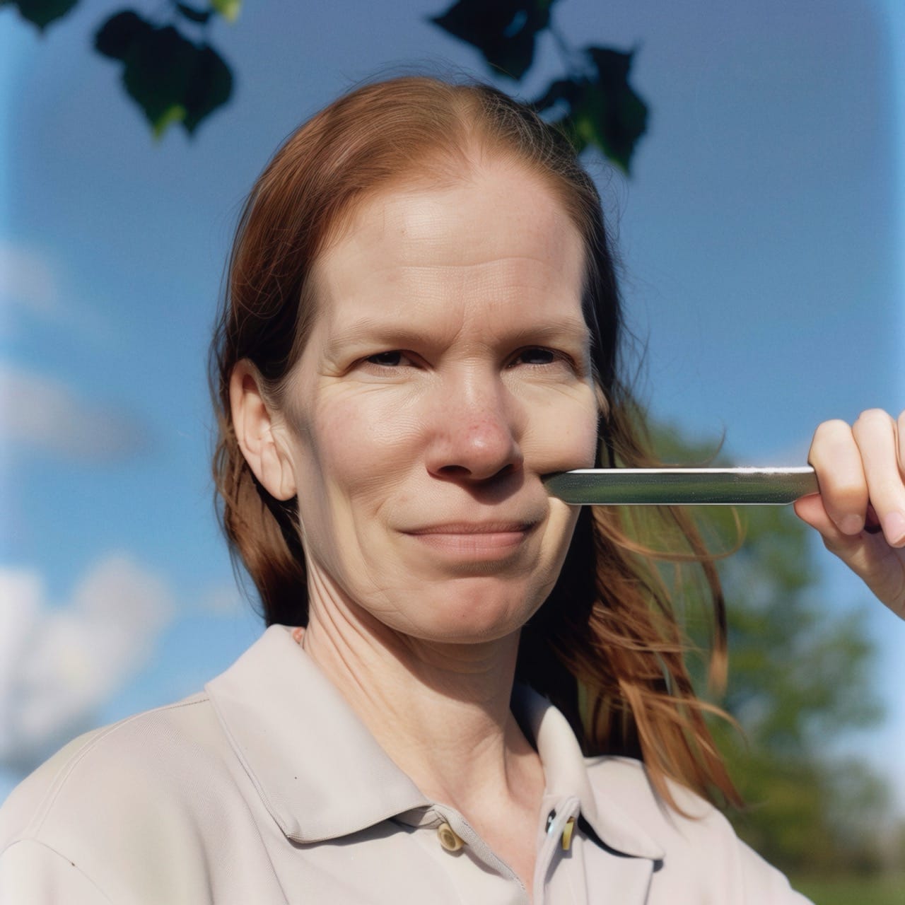 Person holding blade to their cheek