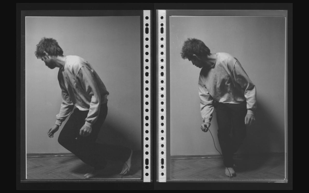 two black and white pictures of a man standing with bended knees