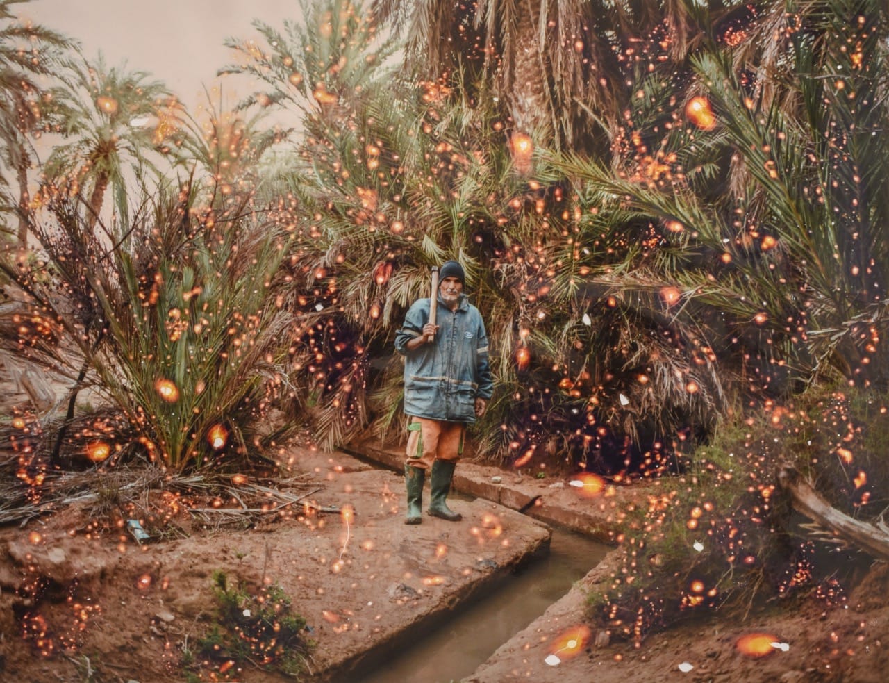 A person in a blue jacket and green boots stands in a lush area with palm trees, surrounded by glowing orange lights.
