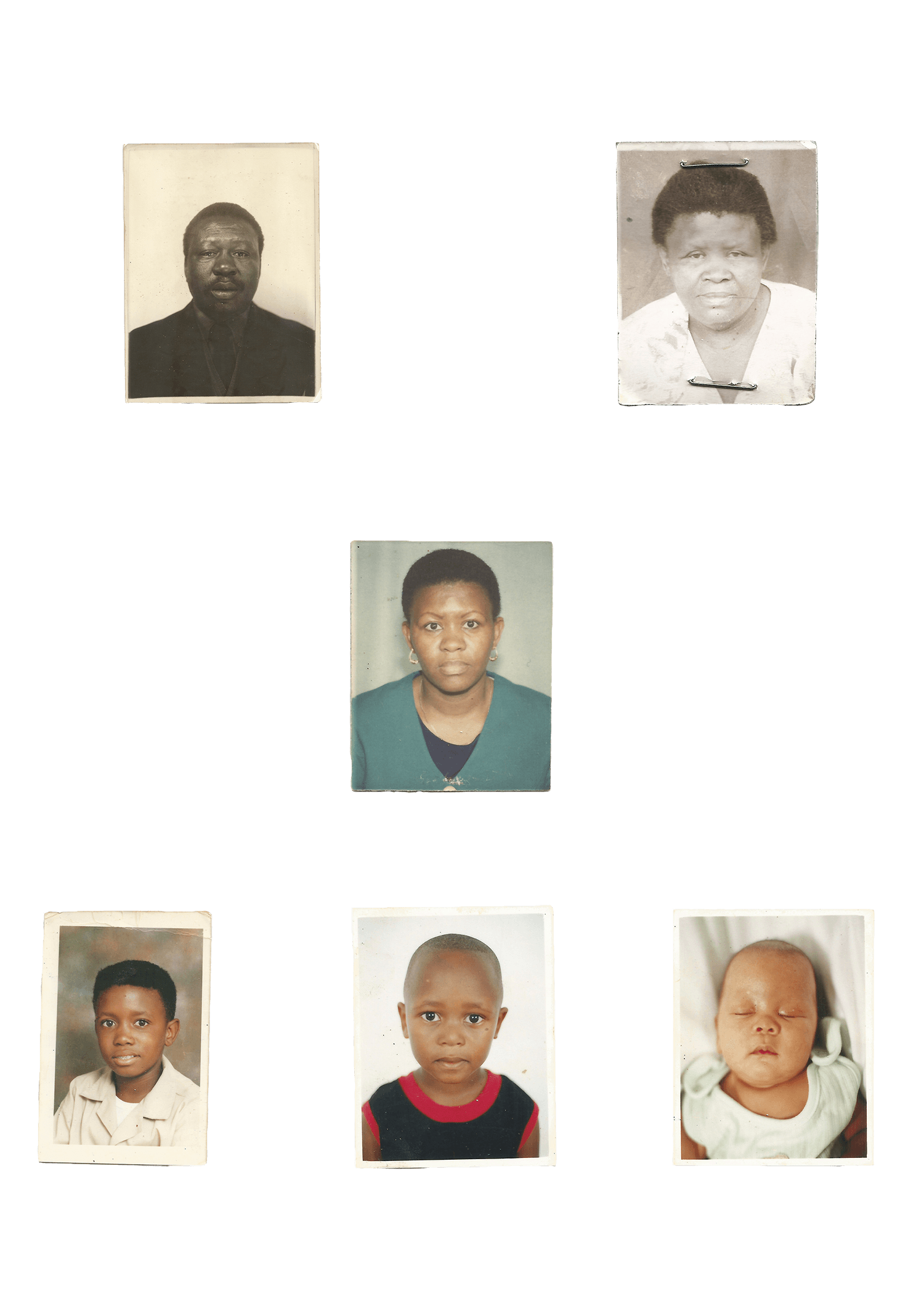 Six passport photos of family members of the artist © Thero Makepe