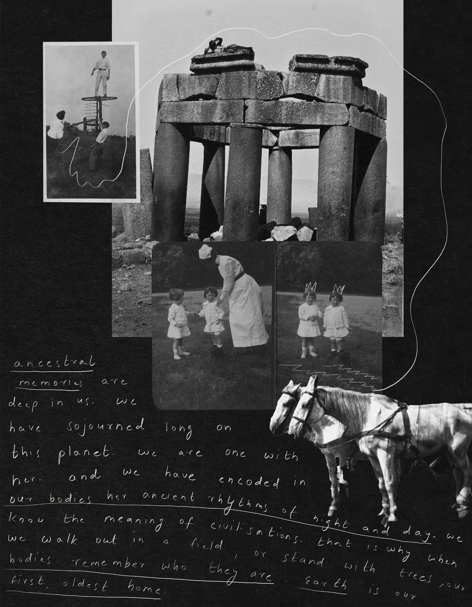 Collage of ancient ruins, vintage family photos, horses, and handwritten text reflecting on ancestral memories and connection to the earth.