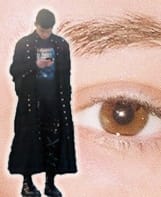 Collage of two images: one close up of an eye and the second one a boy dressed in black looking at his phone. © Kıvılcım S Güngörün