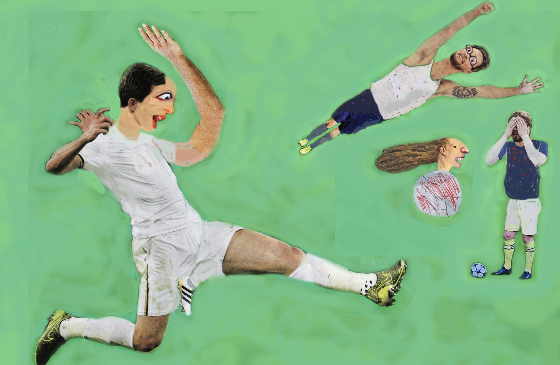 Surreal soccer scene with distorted players; one in mid-kick, another diving, and faces expressing various emotions on a green background.