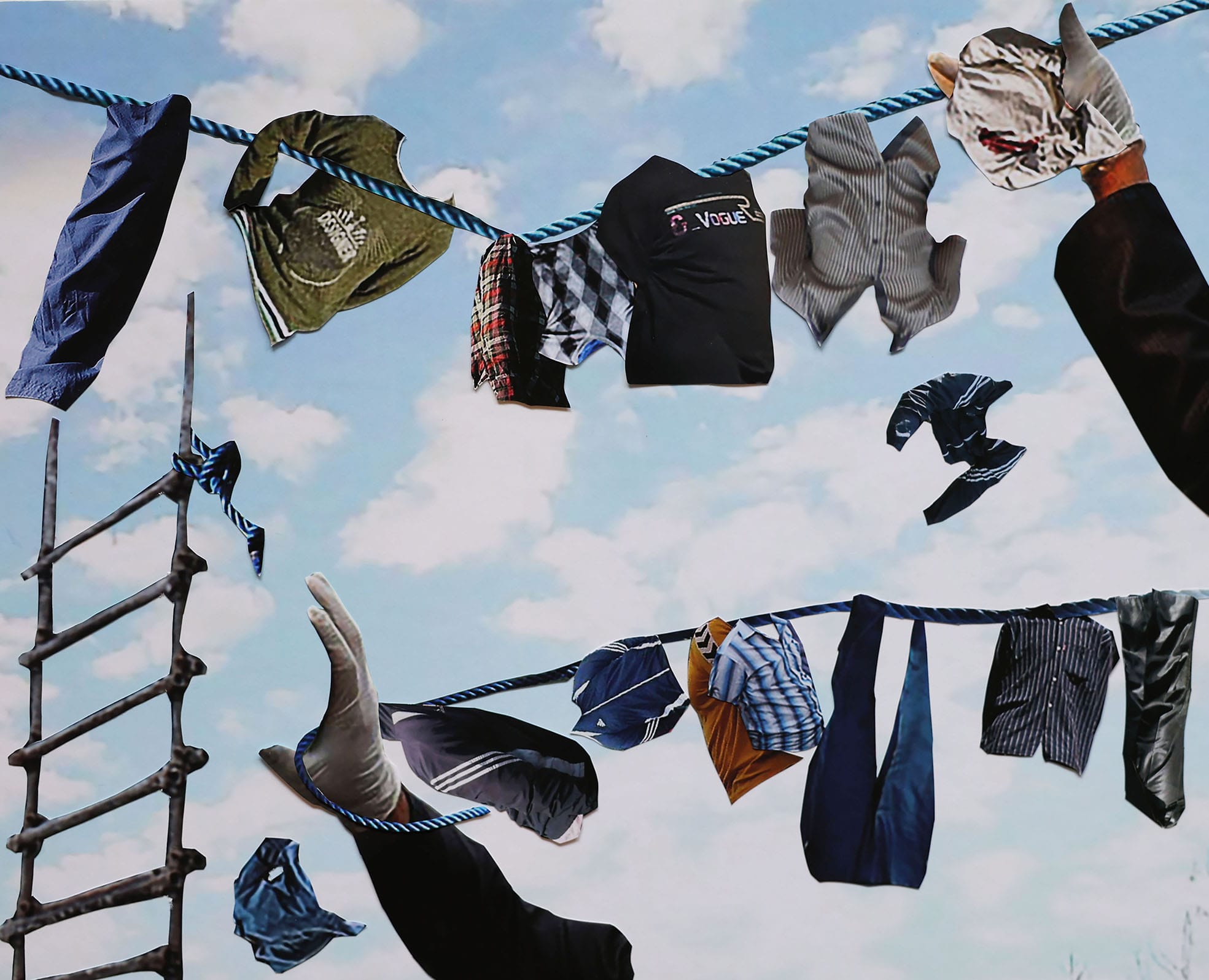 A surreal scene shows gloves hanging clothes on a rope in the sky, with a bamboo ladder and scattered garments against a backdrop of clouds.