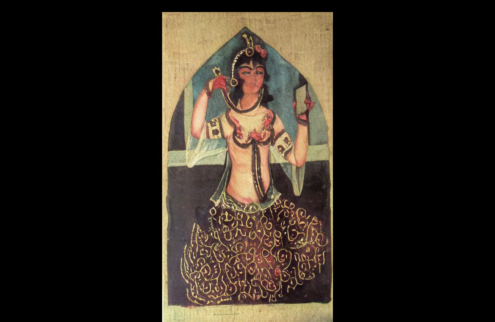 Video still showing a Persian painting of a person. © Morehshin Allahyari