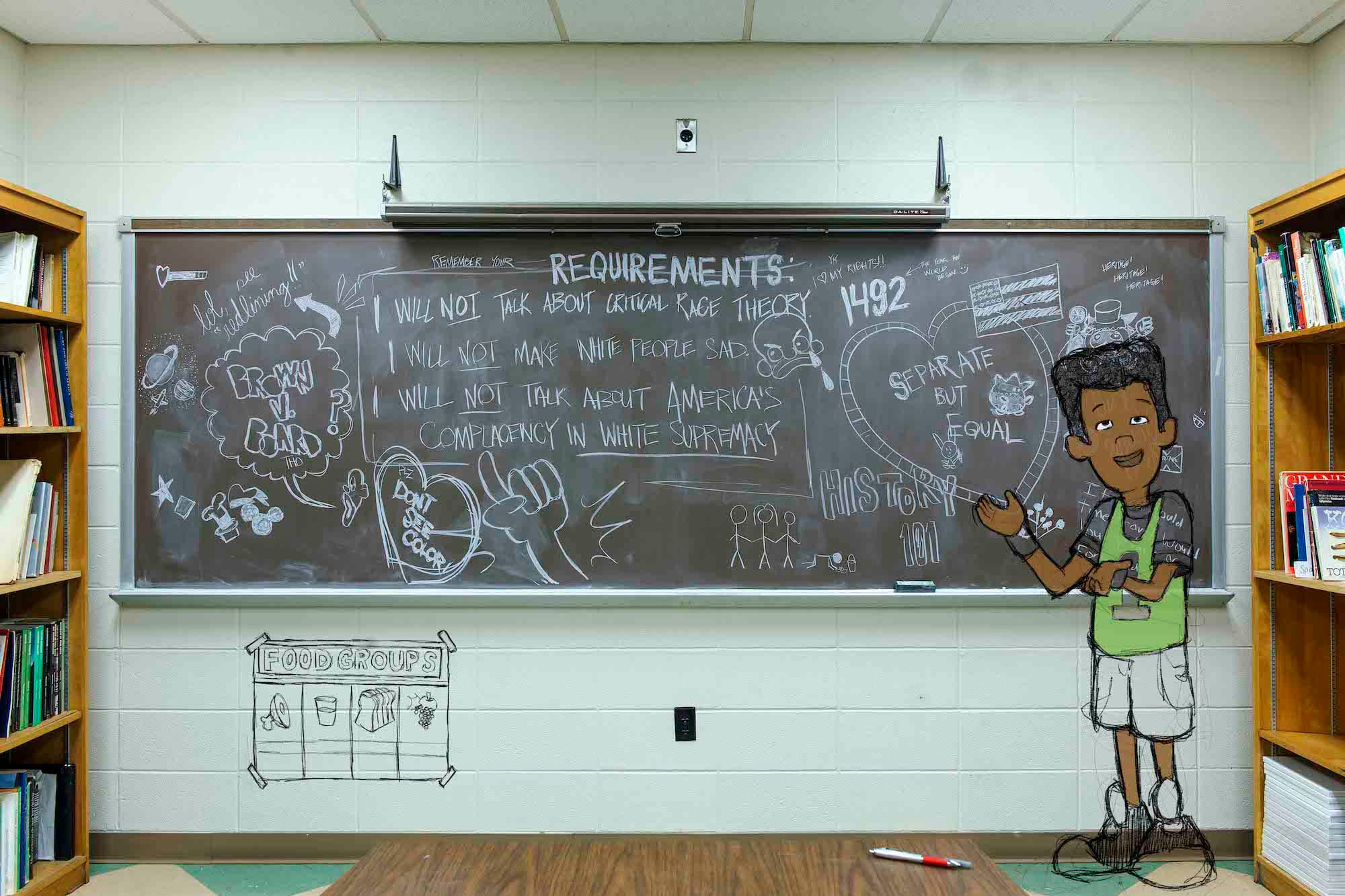 Picture of a class room and black board full of drawings and writings. A drawing of a Black boy is sketched on top of the photograph. © André Ramos-Woodard