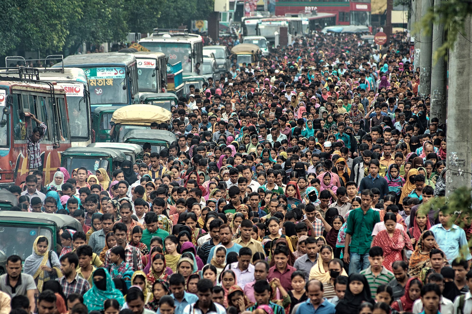 A large crowd of people walking on a street surrounded by heavy traffic, including buses and trucks, in an urban setting.