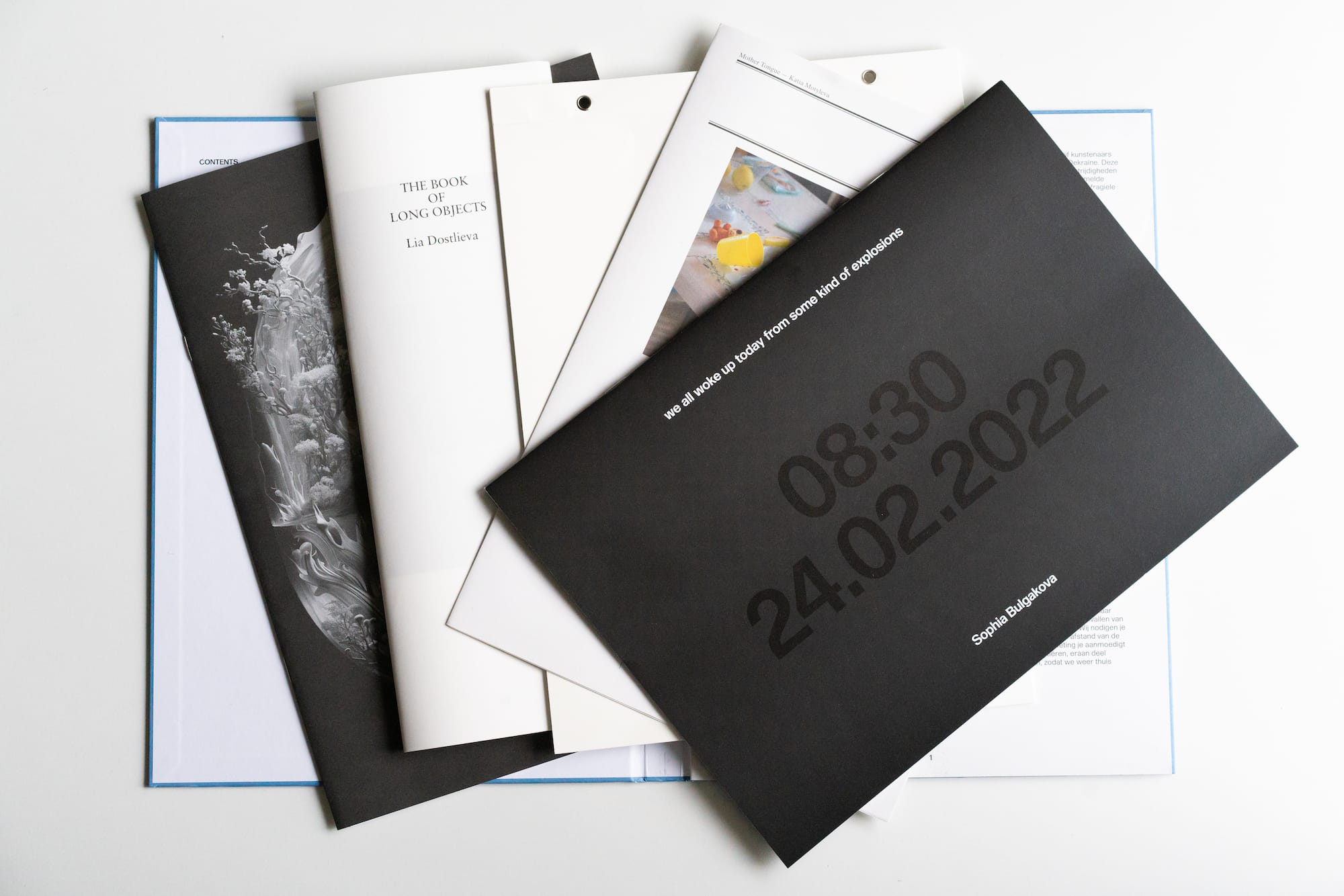 Flat lay of the book cover and publication In Pieces