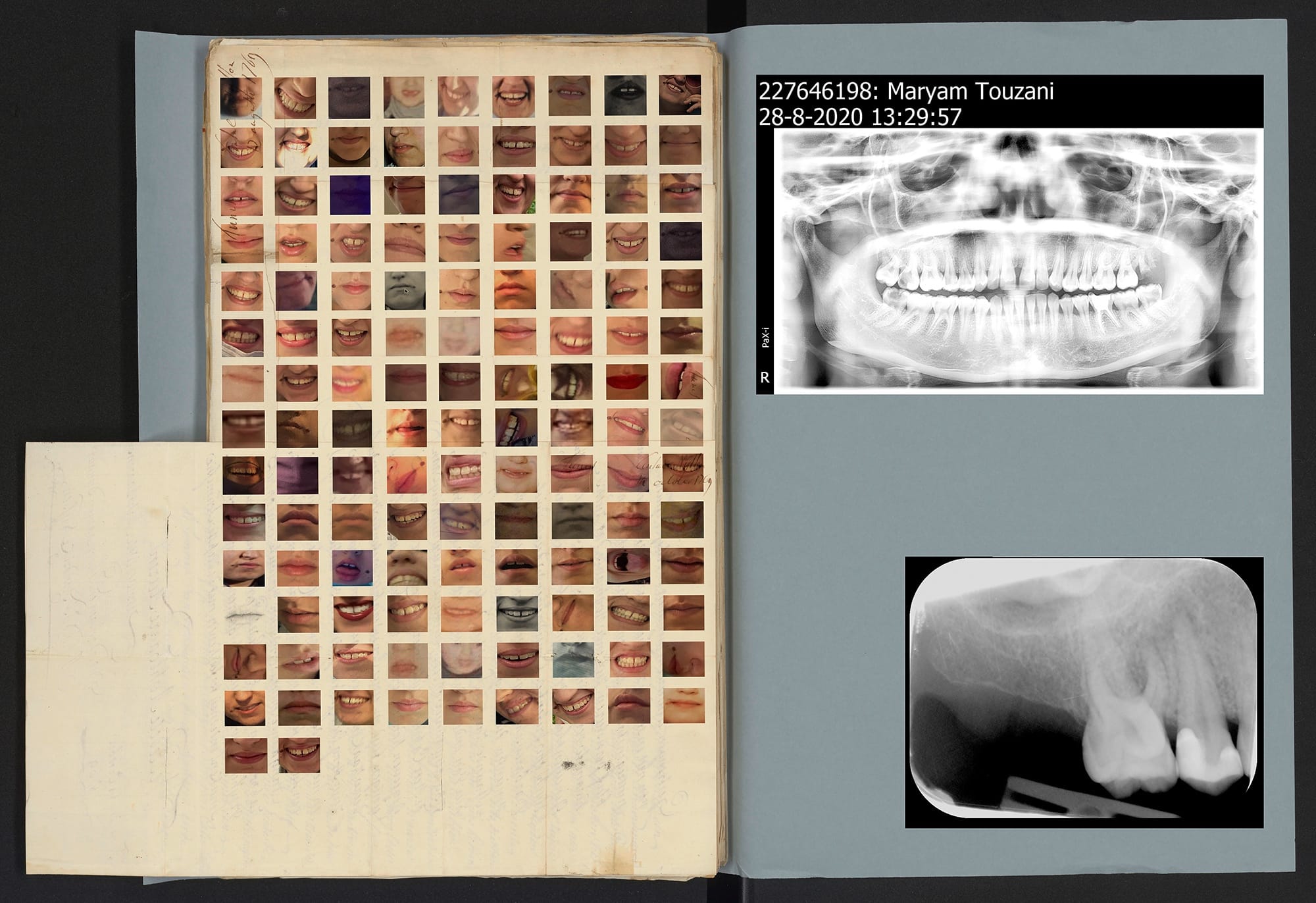 Image of a blue archive folder, showing tiny photos of smiles and an x-ray of the artist's teeth © MAryam Touzani