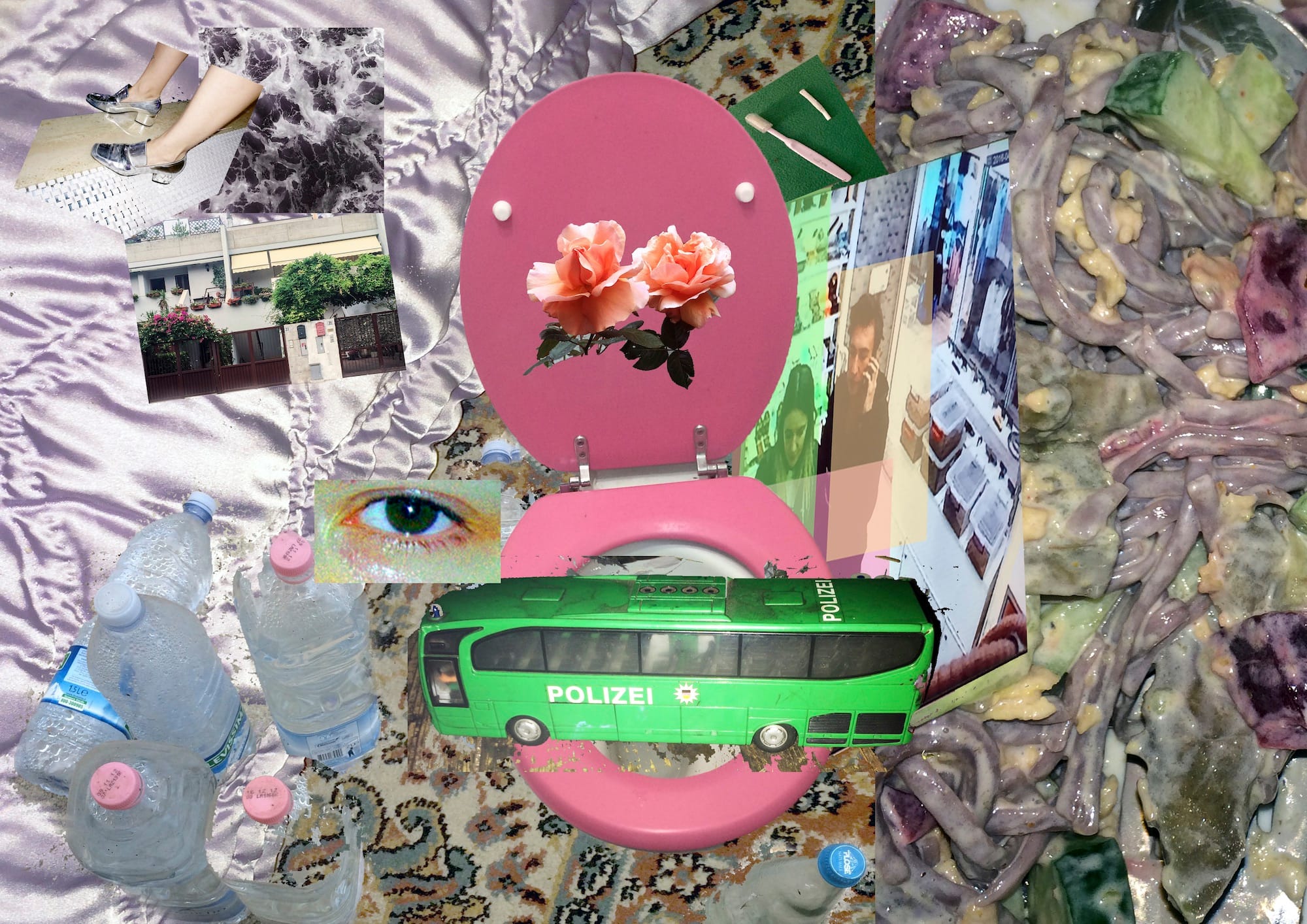 Collage of different photos, showing a pink toilet, green police bus, roses, an eye and water bottles. © Kıvılcım S Güngörün