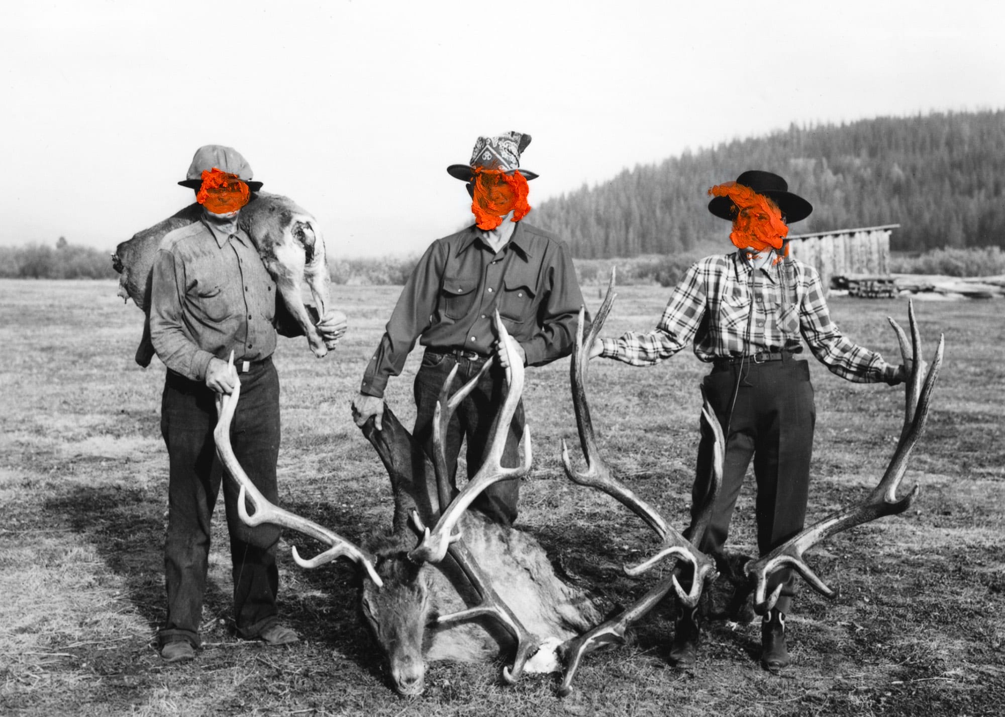 Archival image of three men posing with two sets of antlers, their faces covered in red paint © Jaclyn Wright