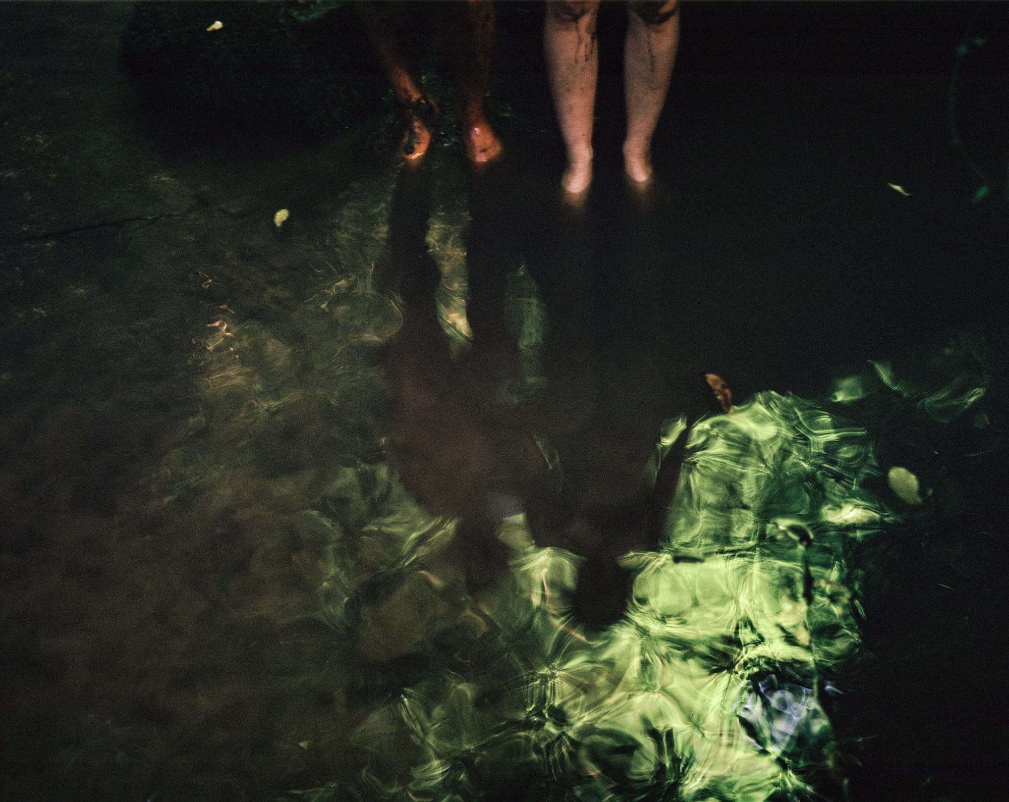 Blurry image showing two pairs of legs standing in greenish water © Cansu Yıldıran