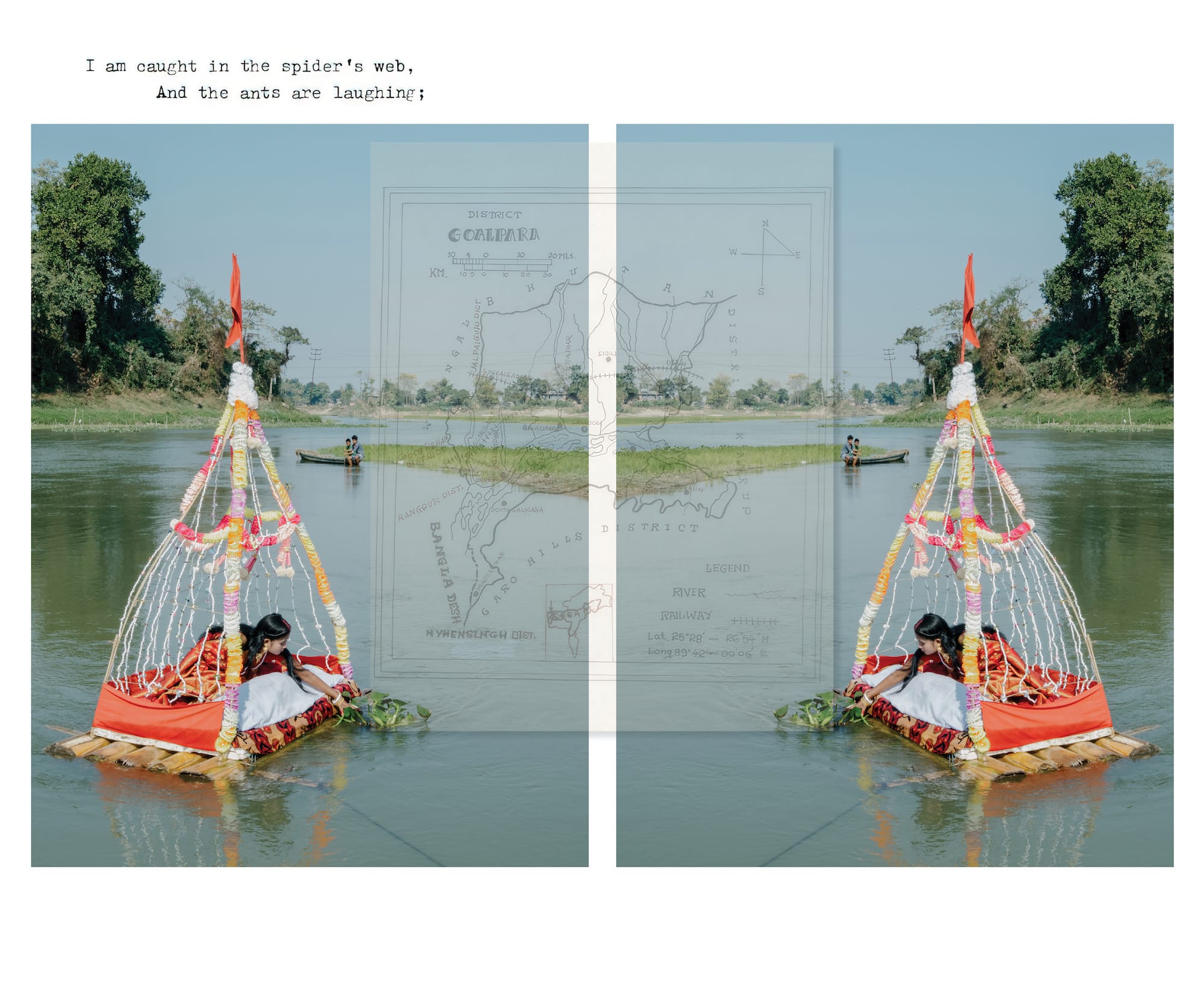 Mirrored image of a woman on a colourful decorated raft on a river. © Akshay Mahajan