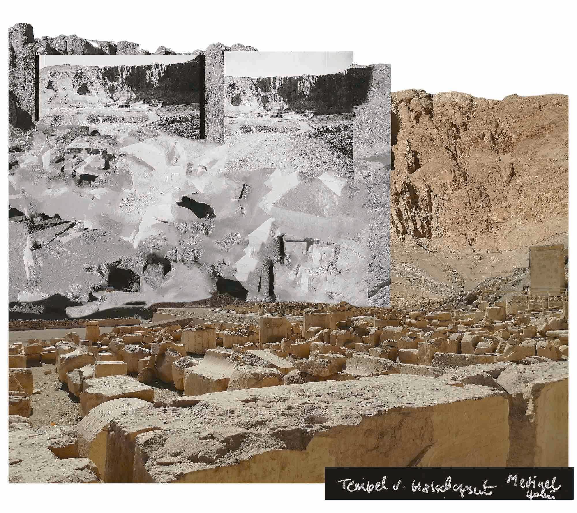 Remains of the temple of Hatshepsut, one colour image, one black and white