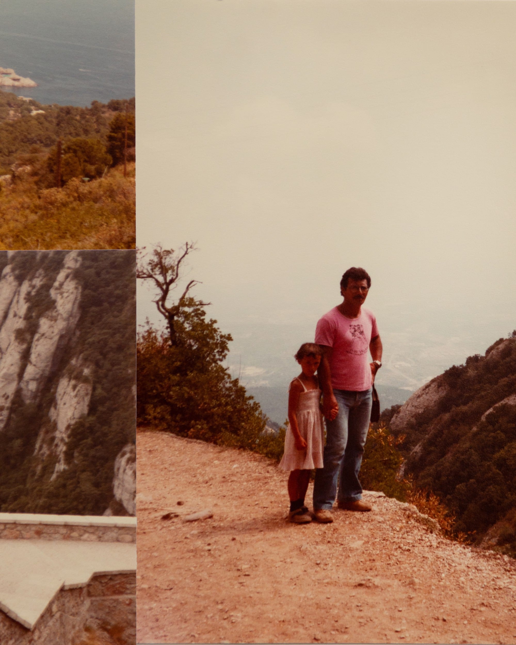 Archival holiday picture of a man and a girl posing in front of a panorama © Sander Coers