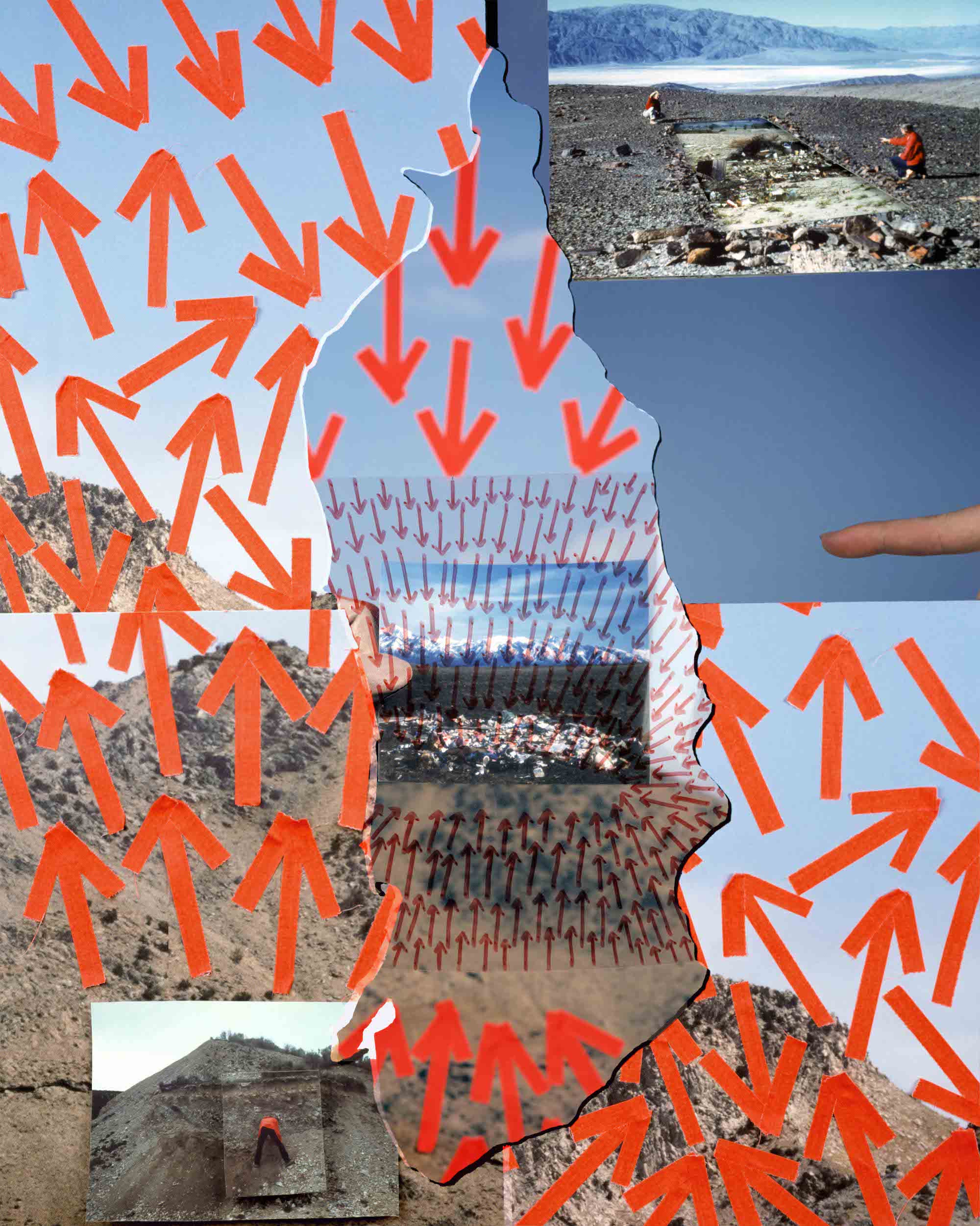 Collage of several images of West Desert landscapes, covered in orange arrows. © Jaclyn Wright