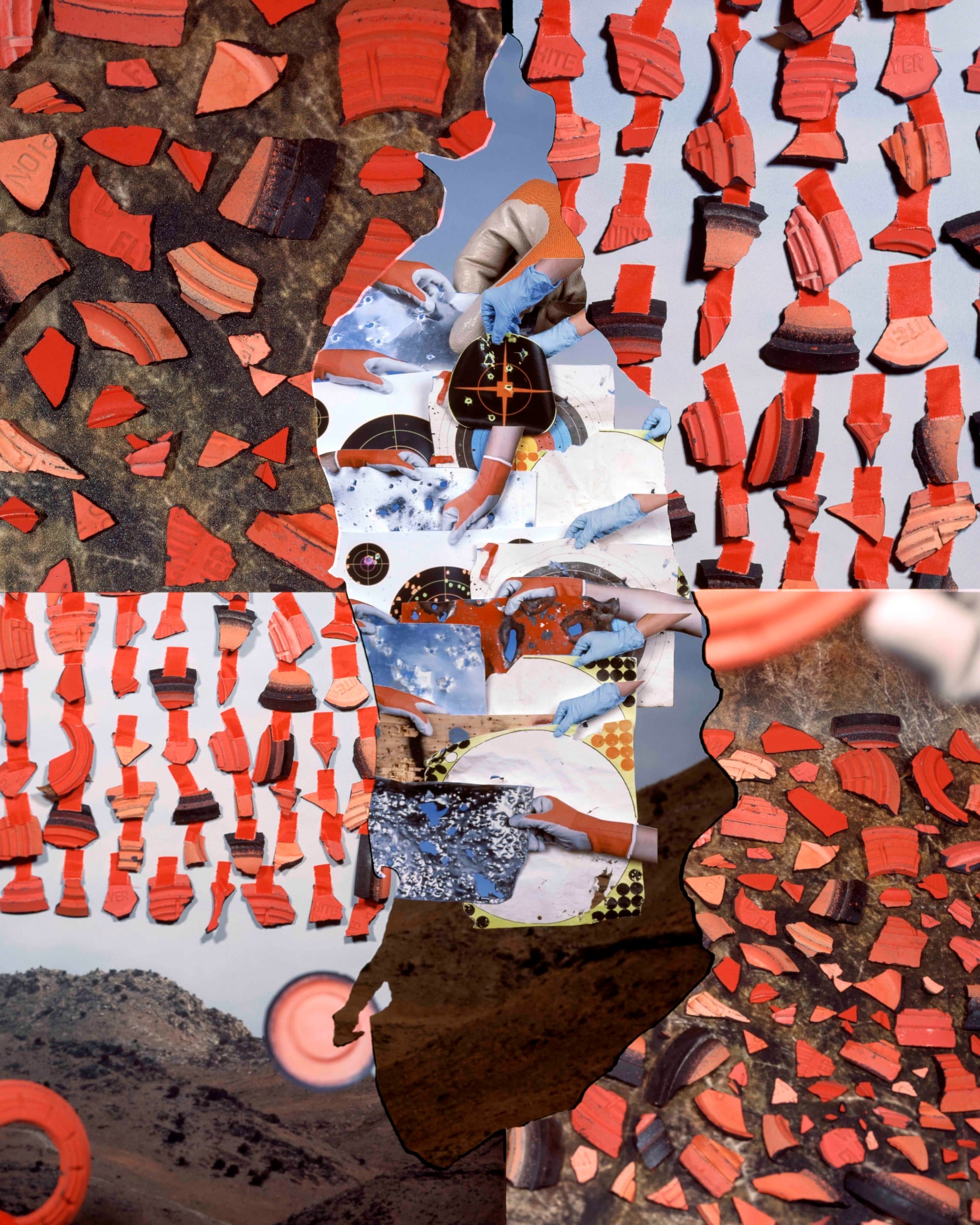 Analogue photo collage showing pieces of orange clay pigeons © Jaclyn Wright