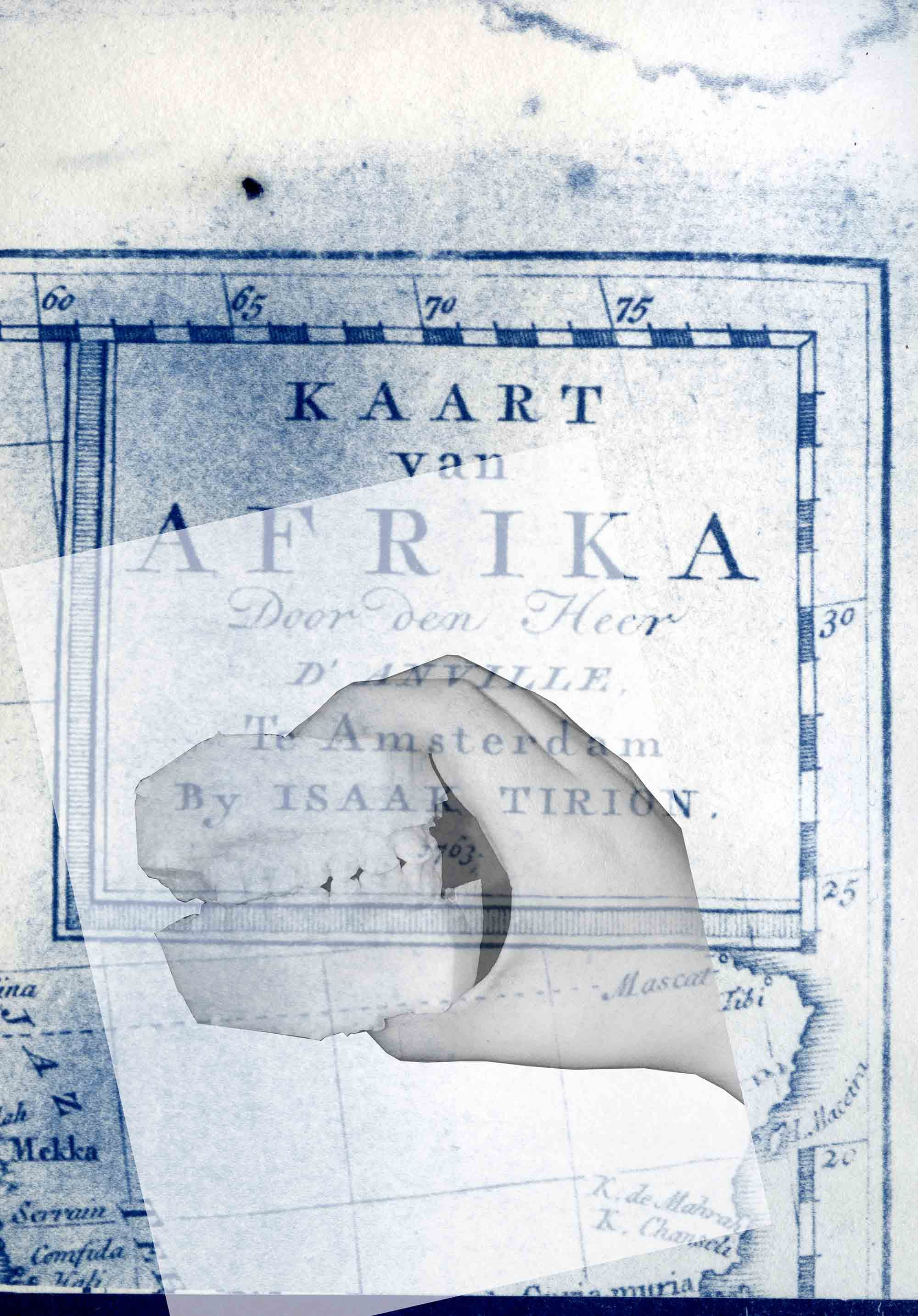 Blue-toned layered image, showing a historical Map of Africa (in Dutch), superposed by an image of a hand holding a denture. © MAryam Touzani