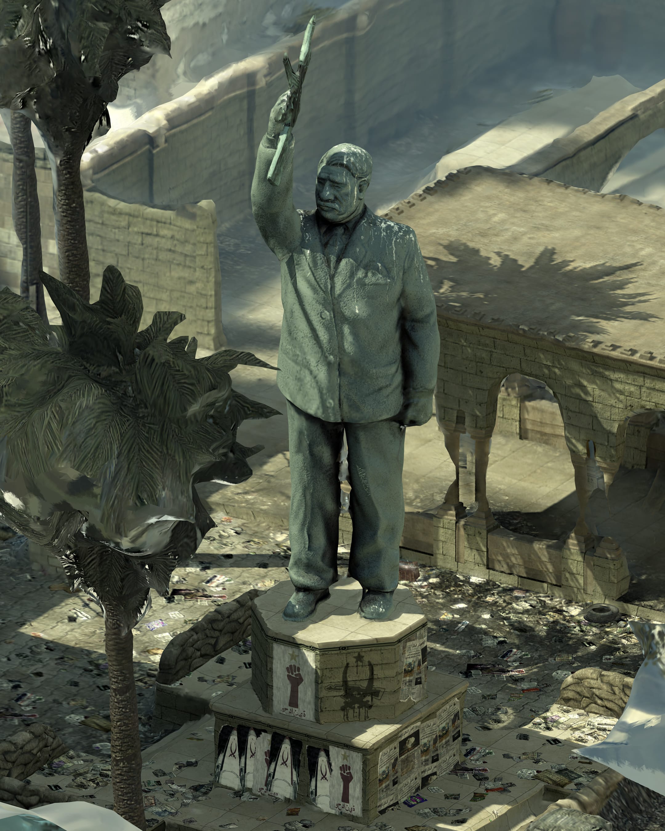 Statue of a man in a suit raising a device, standing on a graffiti-covered pedestal, surrounded by palm trees and a sandy, debris-strewn area.