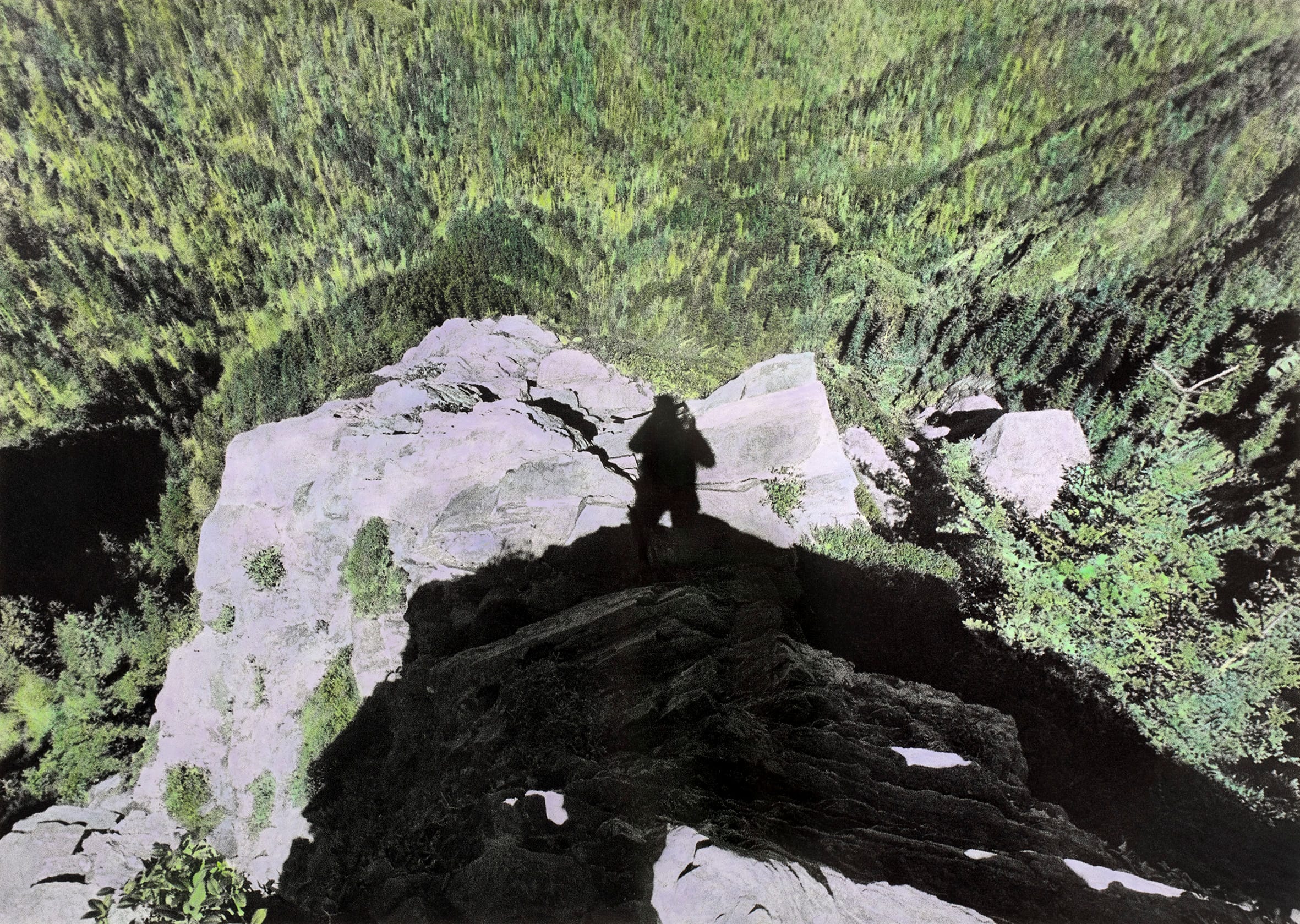 Man on mountain making picture of green forest valley below him