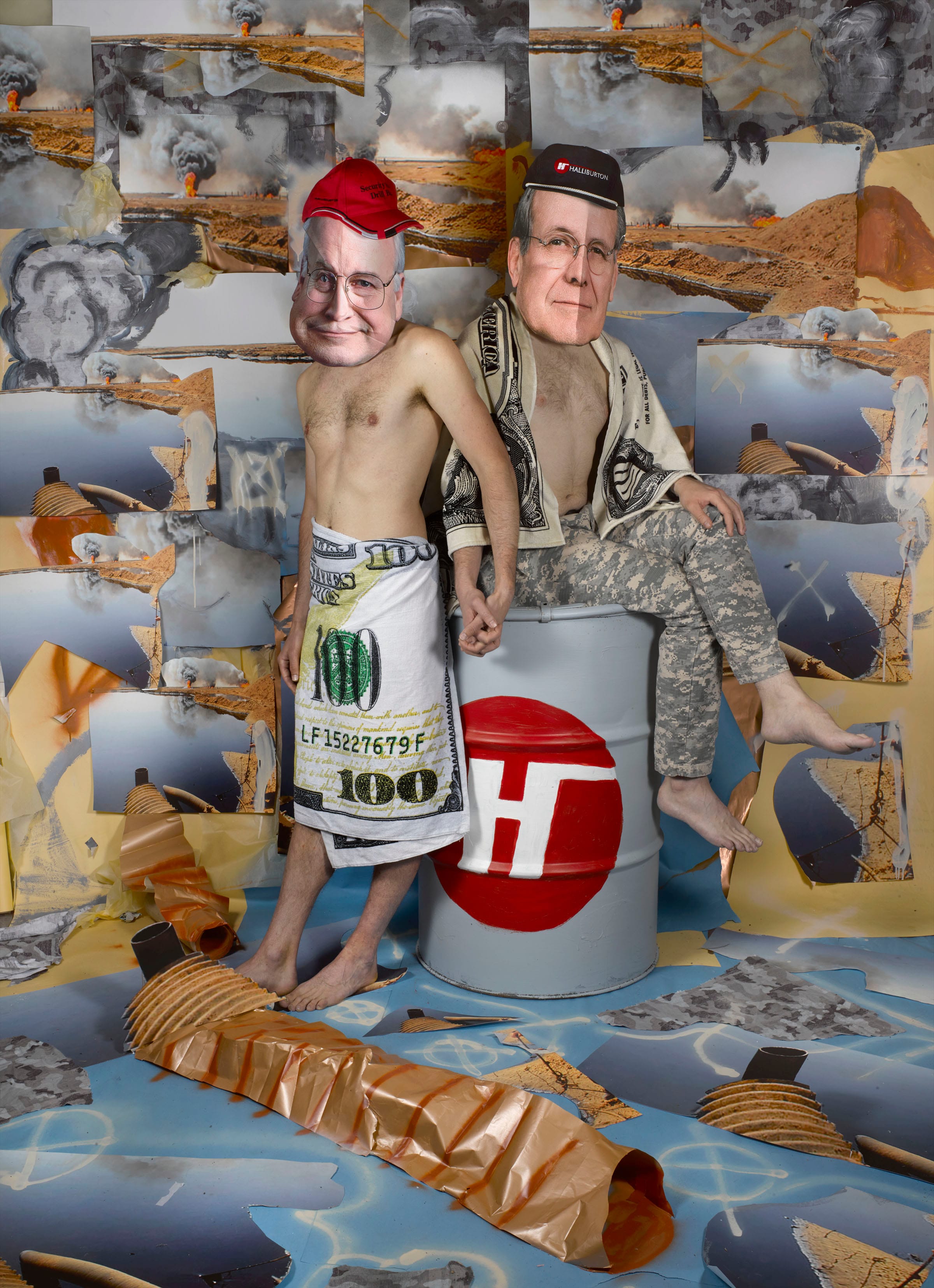 Two people with oversized mask heads, wrapped in dollar bill and military attire, sit on a barrel in a collage-like setting.