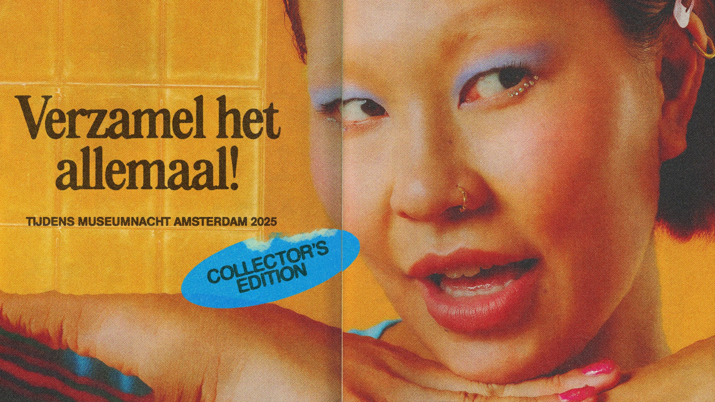 Person with colorful makeup and a nose ring poses against a yellow background. Text: "Verzamel het allemaal! Collector's Edition."