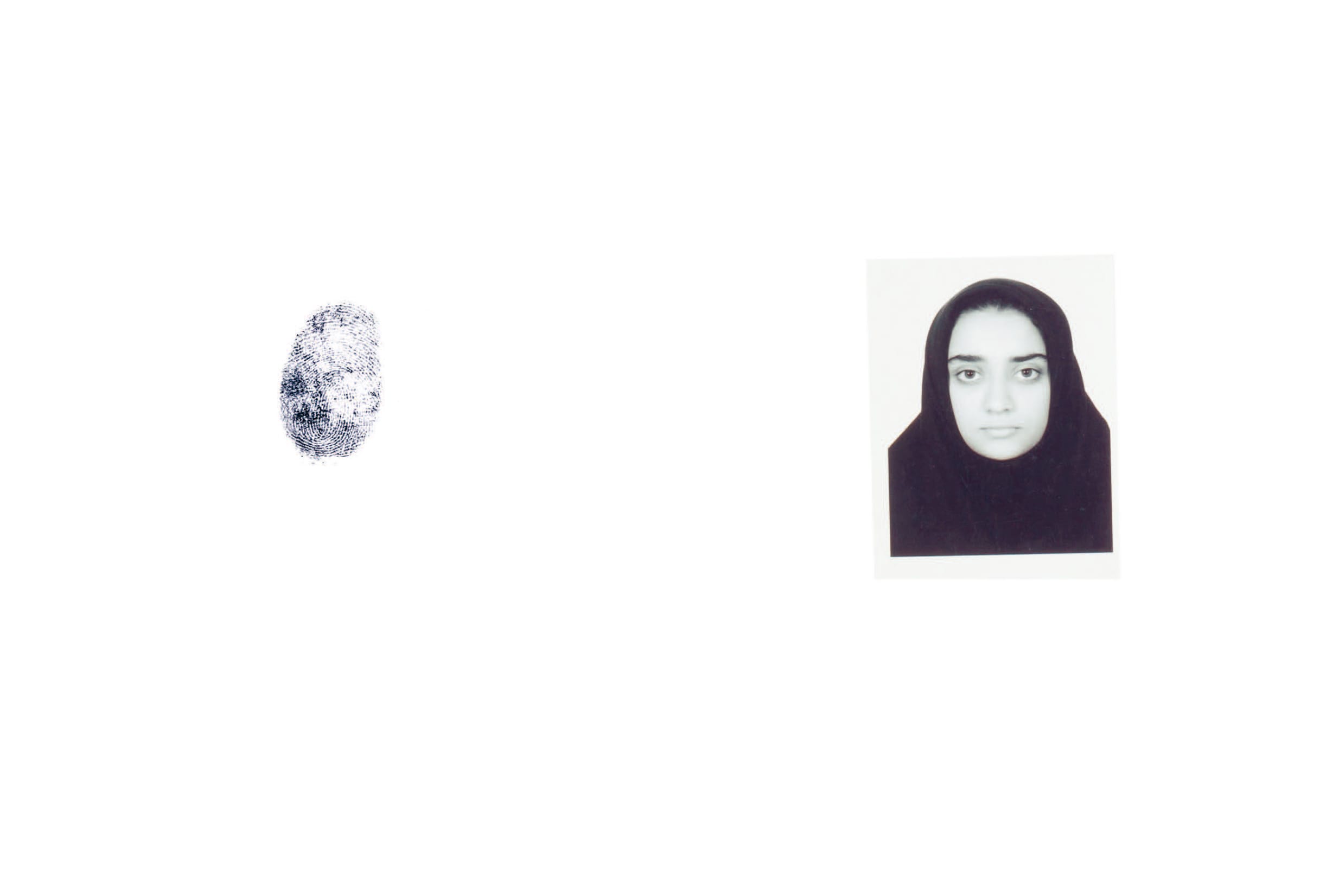 Fingerprint and black-and-white ID photo of a woman wearing a headscarf, placed on a plain white background.