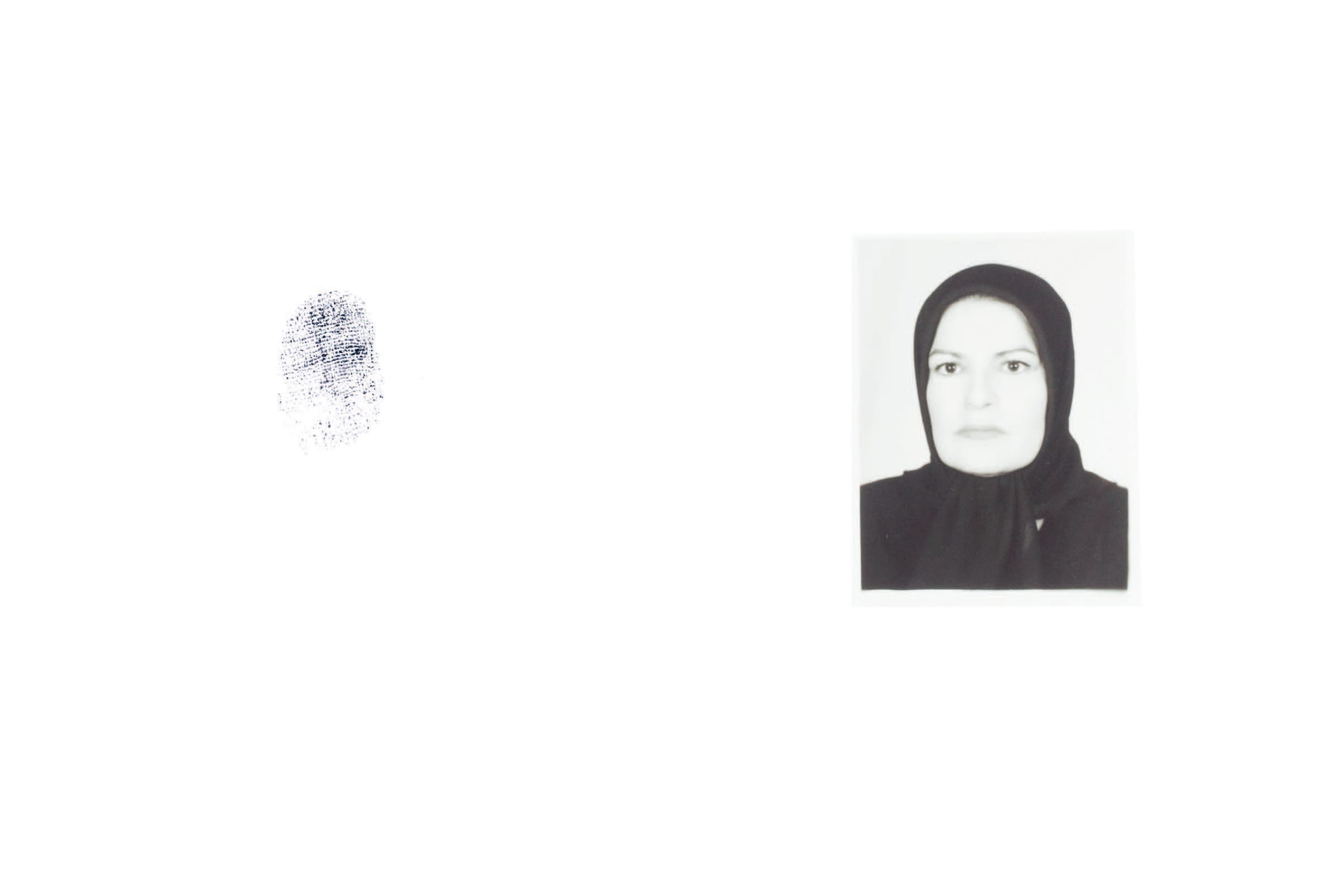 Black and white photo of a woman in a headscarf on the right, with a fingerprint on the left against a white background.