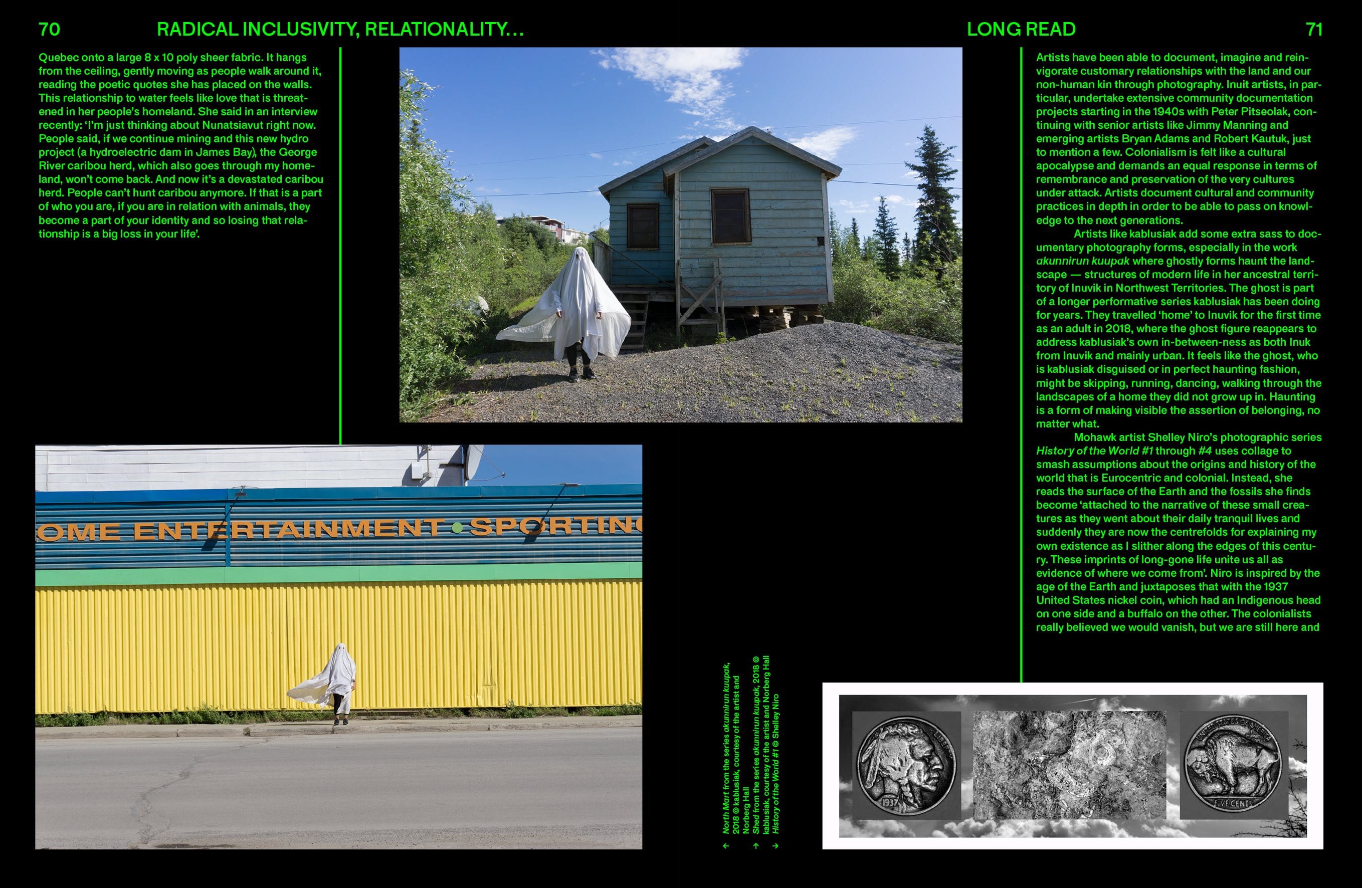 Spread from Foam Magazine #64: EXTREMES–The Environmental Issue, showing a fragment of the long read from Wanda Nanibush and two images by the artist kablusiak.