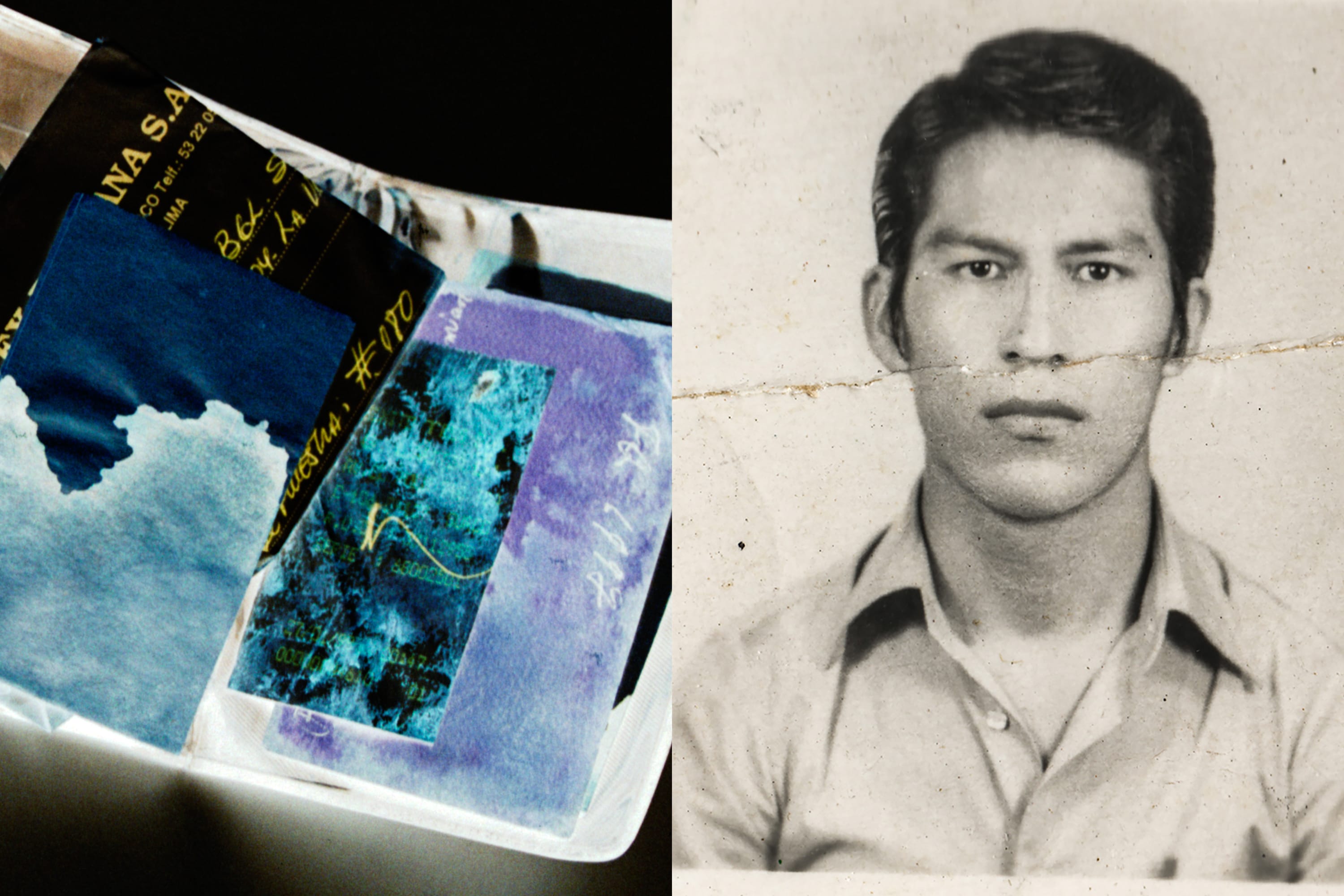 A collage of vivid abstract designs on the left and a black-and-white vintage portrait of a serious young man on the right, with slight wear marks.