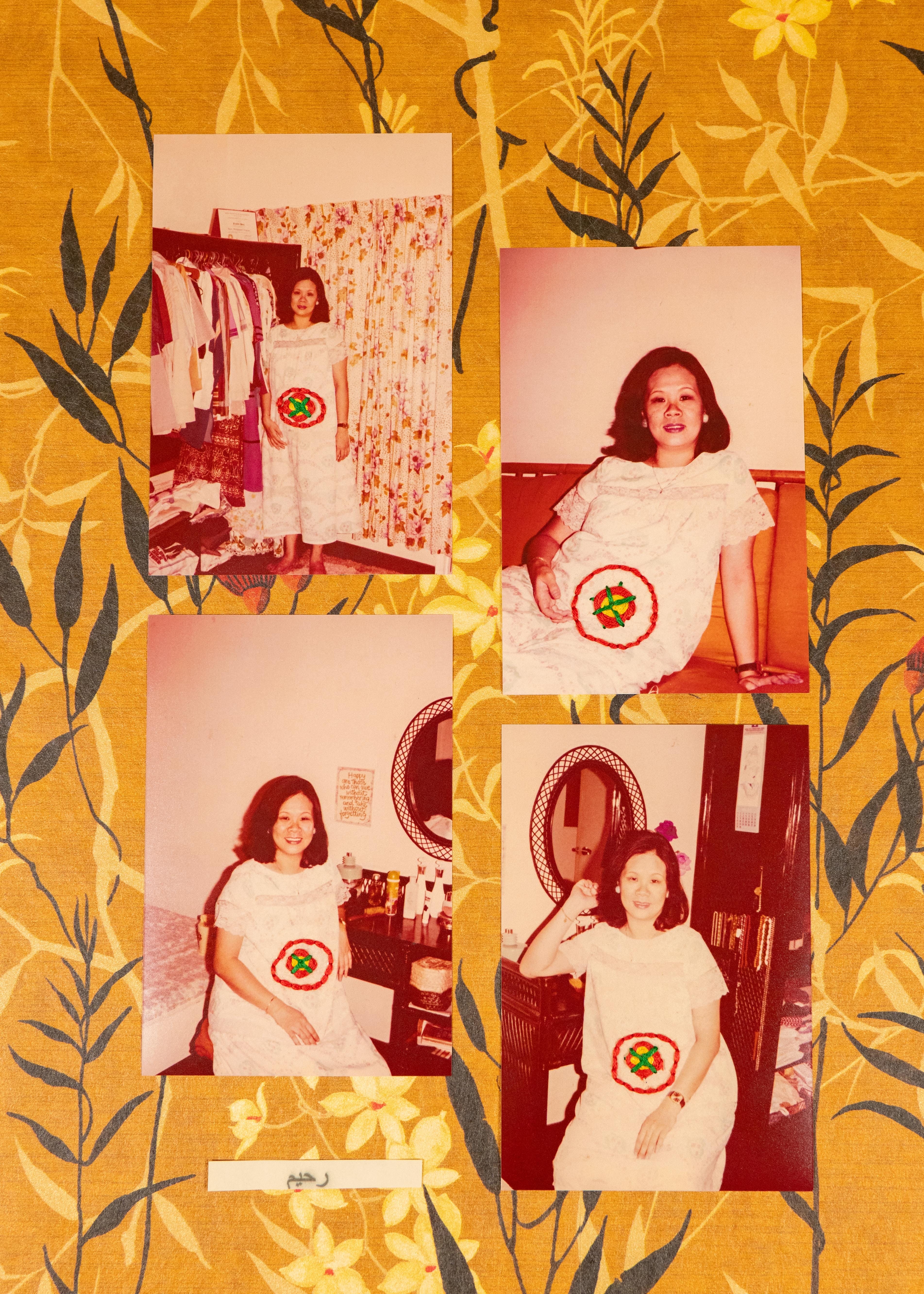 Four vintage photographs of a woman in a white dress with a colorful circular pattern, set against a floral background.