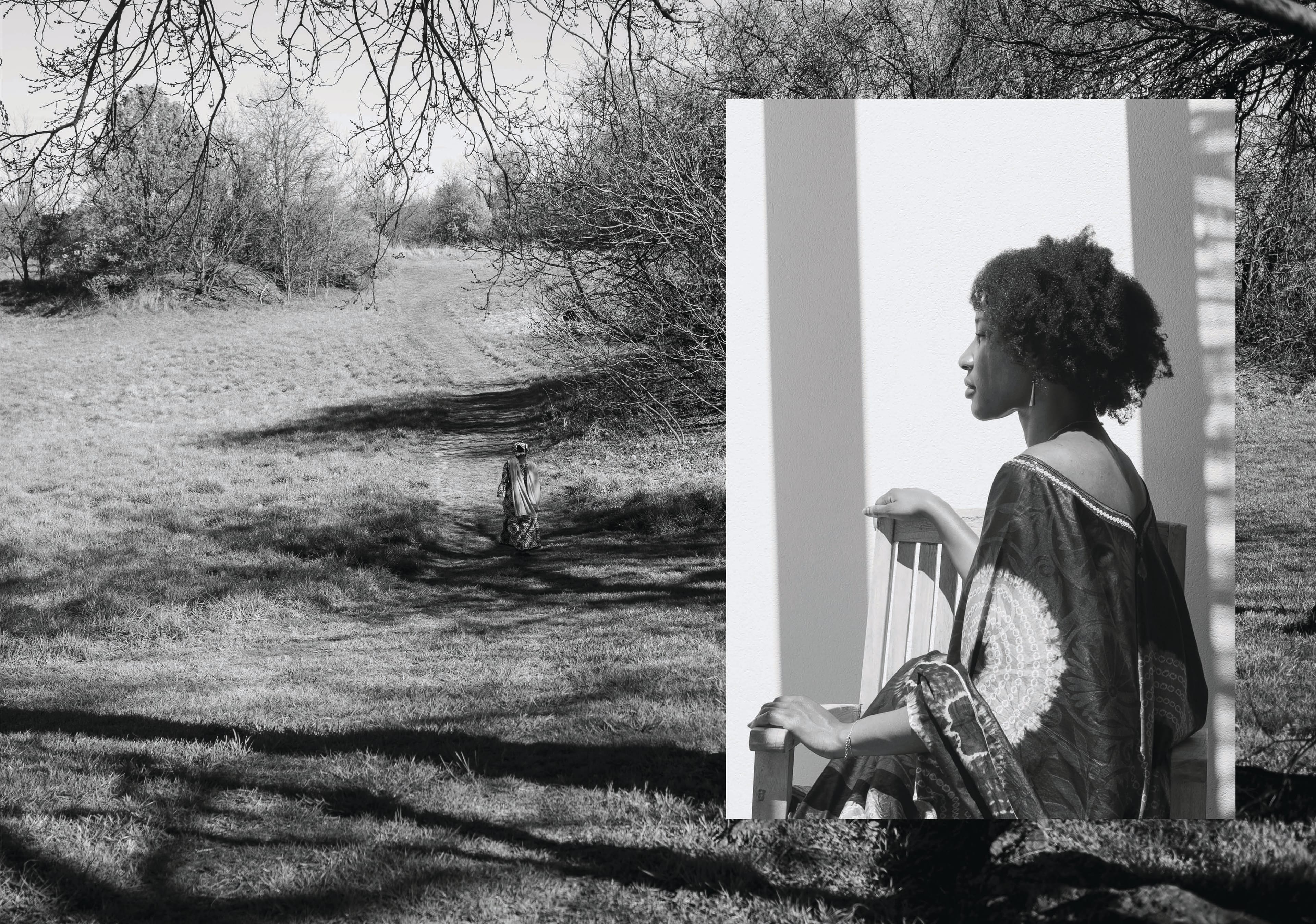 Composite image of a woman sitting beside a wall and a person walking on a grassy path, both scenes merging seamlessly in monochrome.