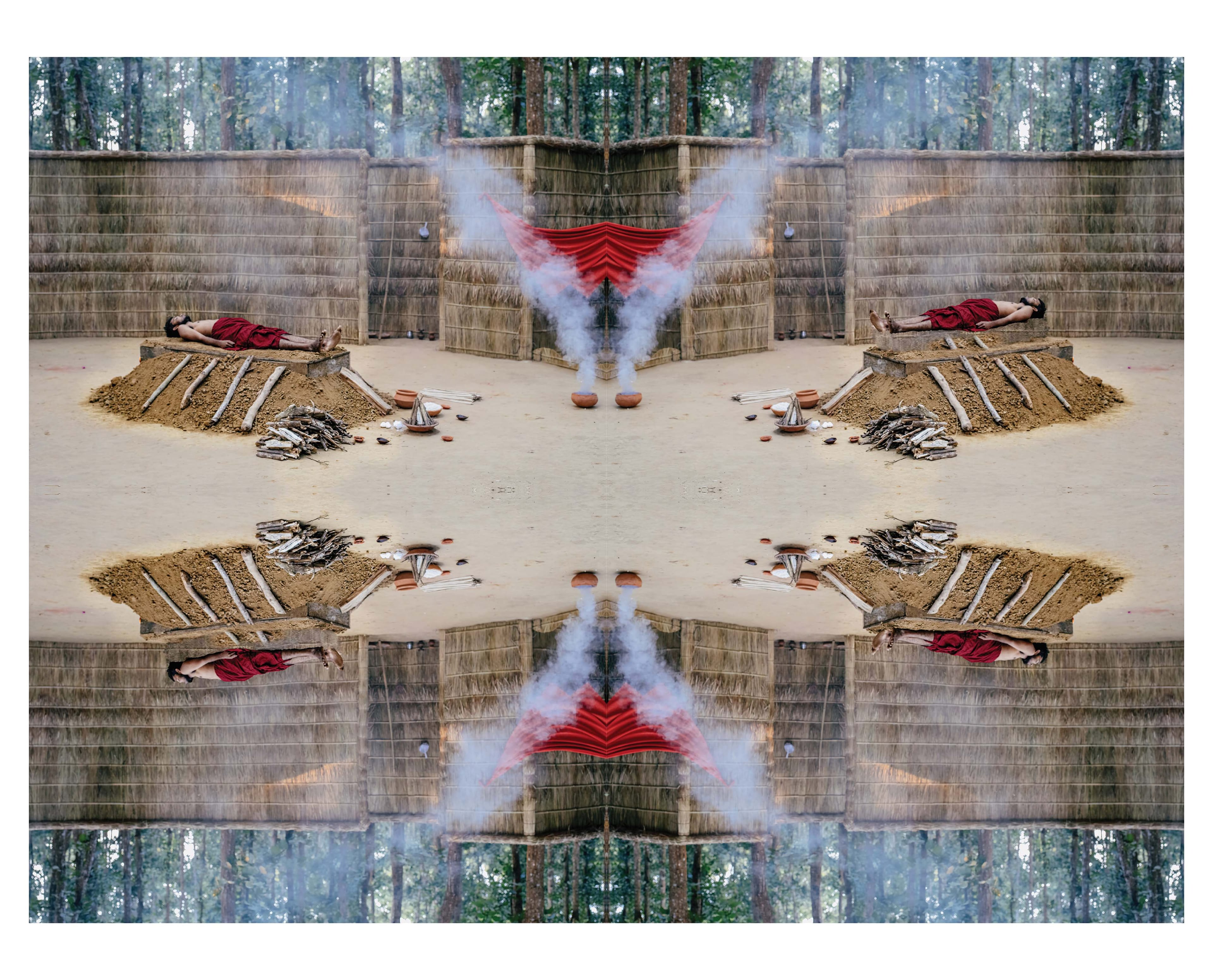 Mirrored image of a man lying in state. © Akshay Mahajan