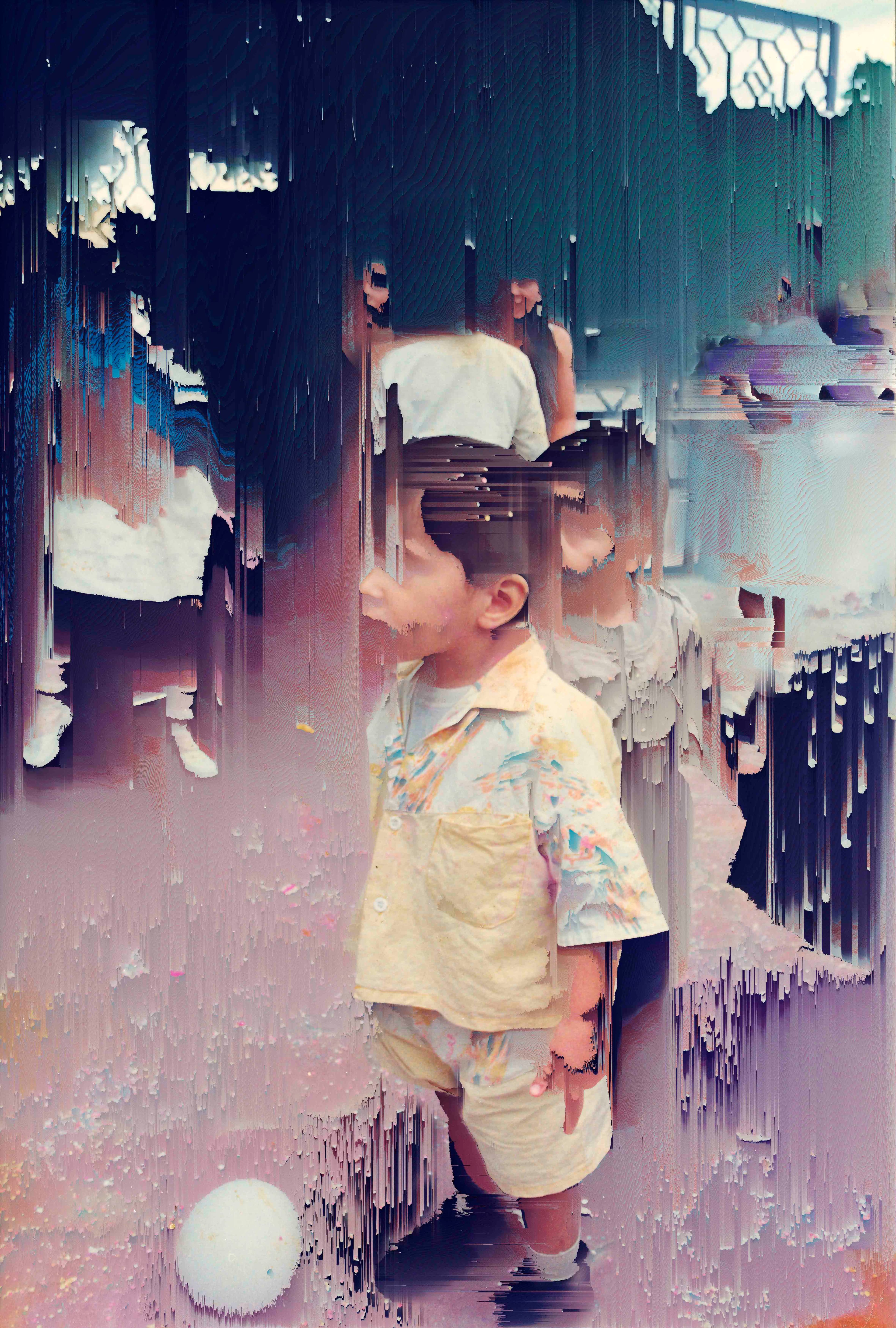 Archival photo of a small child on the street, a balloon-shaped object at his feet. The pixels are manipulated and wipe out the surrounding people.© Cristóbal Ascencio Ramos