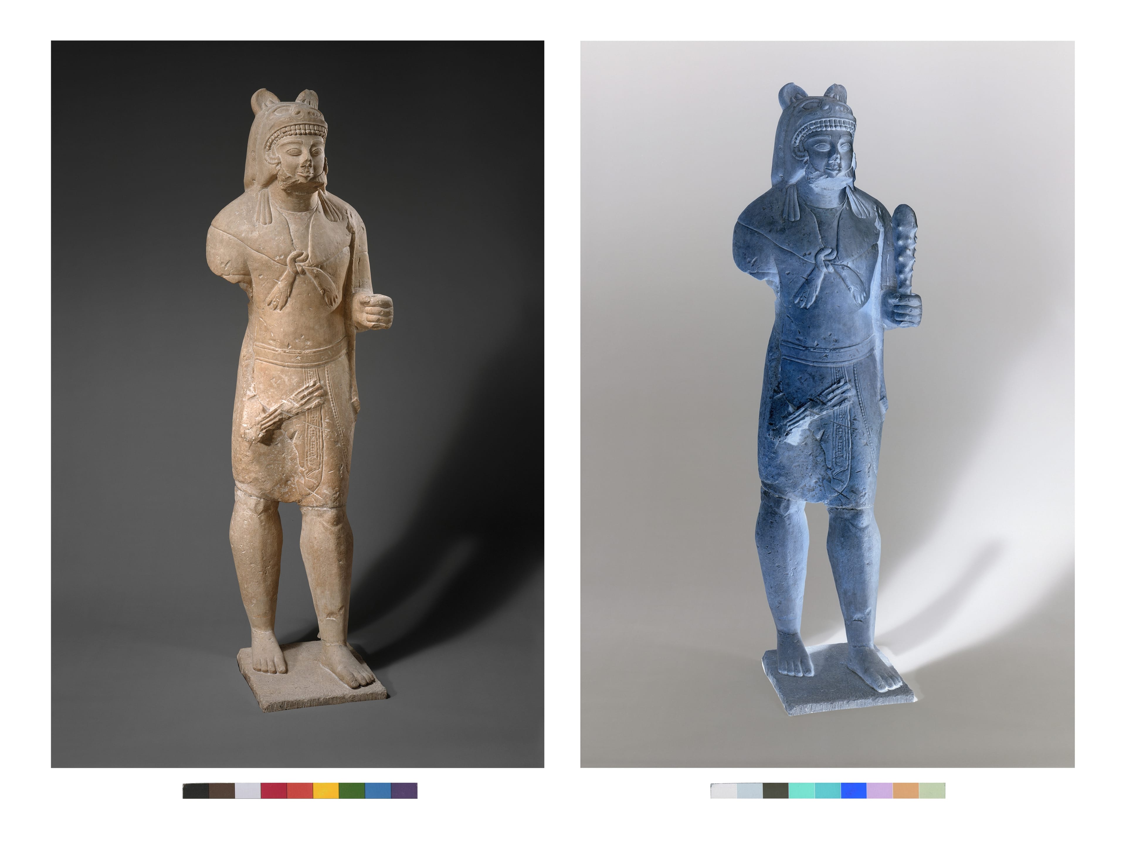 Two side-by-side stone statues of a man in ancient attire, one in natural color and the other in blue-toned negative, on a neutral background.
