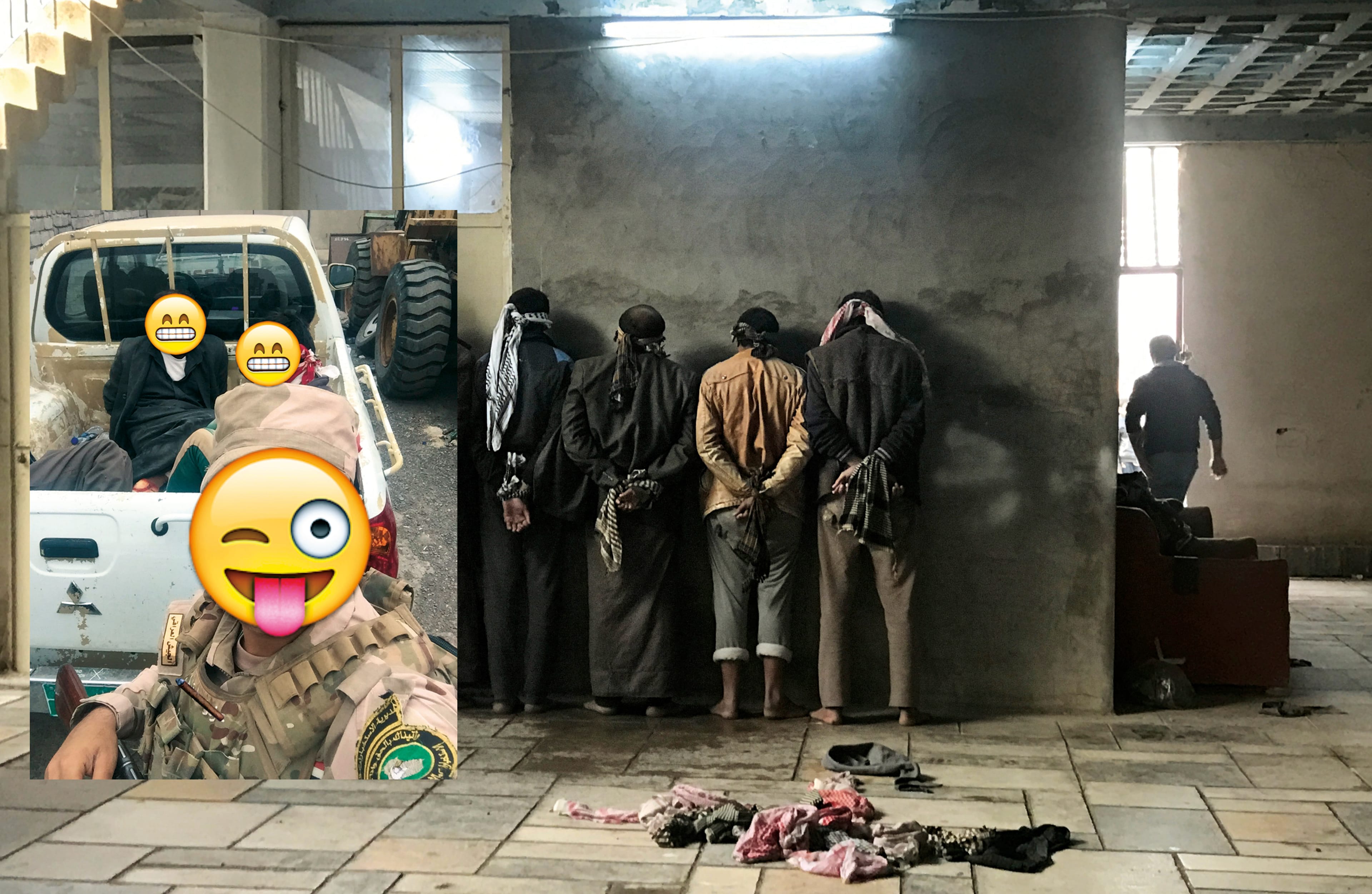 Spread image with people turning back to camera and emojis