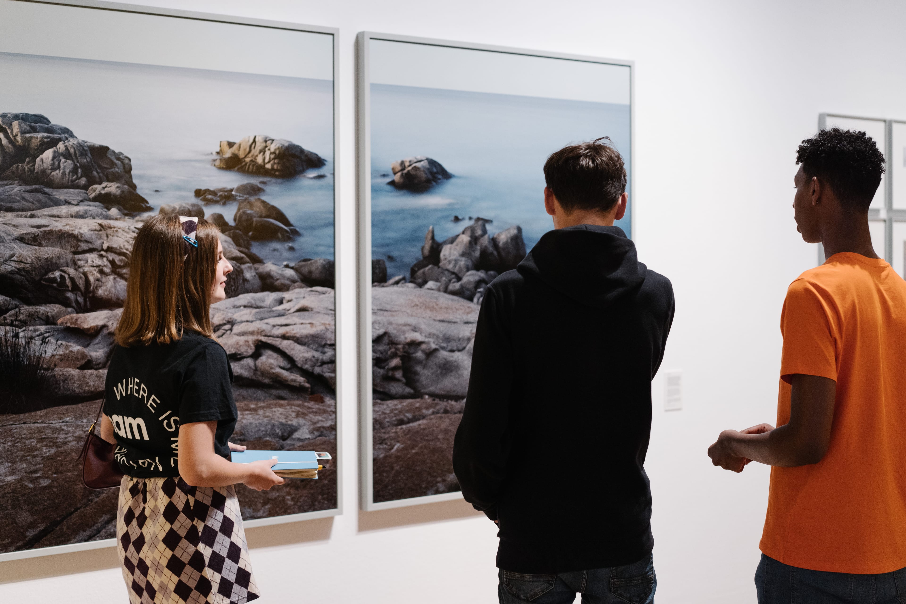 Three students looking at a diptych of a seascape
