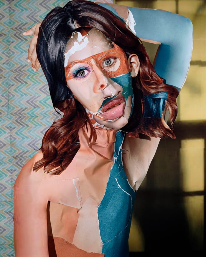 Portret van een vrouw in collagetechniek.