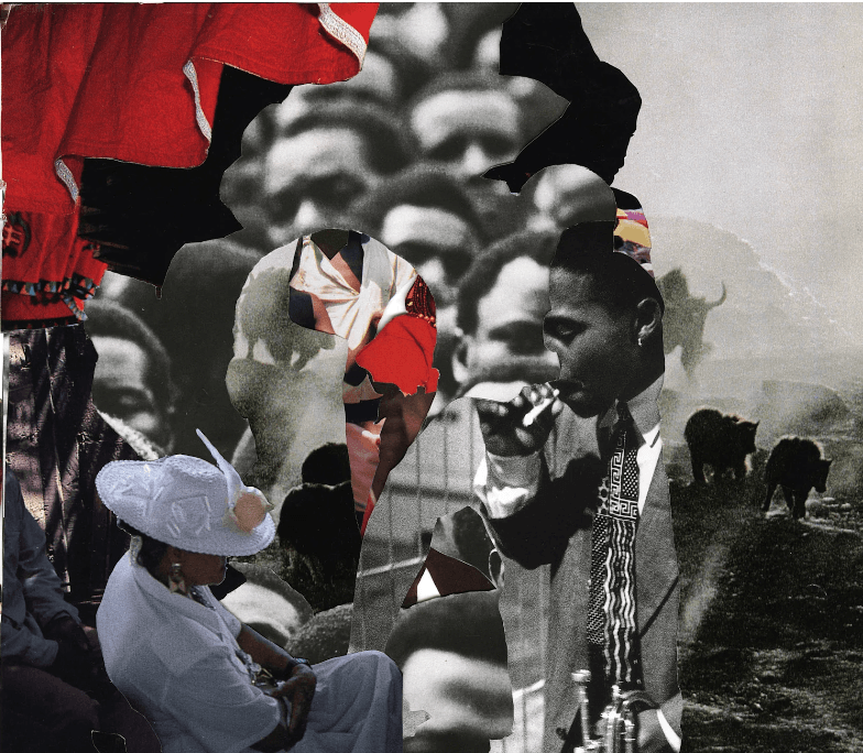 Collage of people in various poses, a musician with a trumpet, and a herd of bulls, blending black-and-white and color elements.