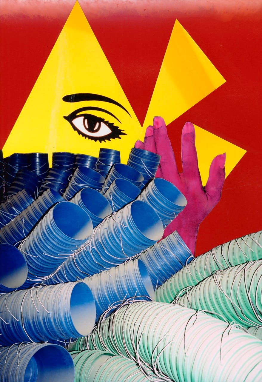 Abstract artwork with a yellow triangle, stylized eye, pink hand, and blue and green stacked cups against a red background.