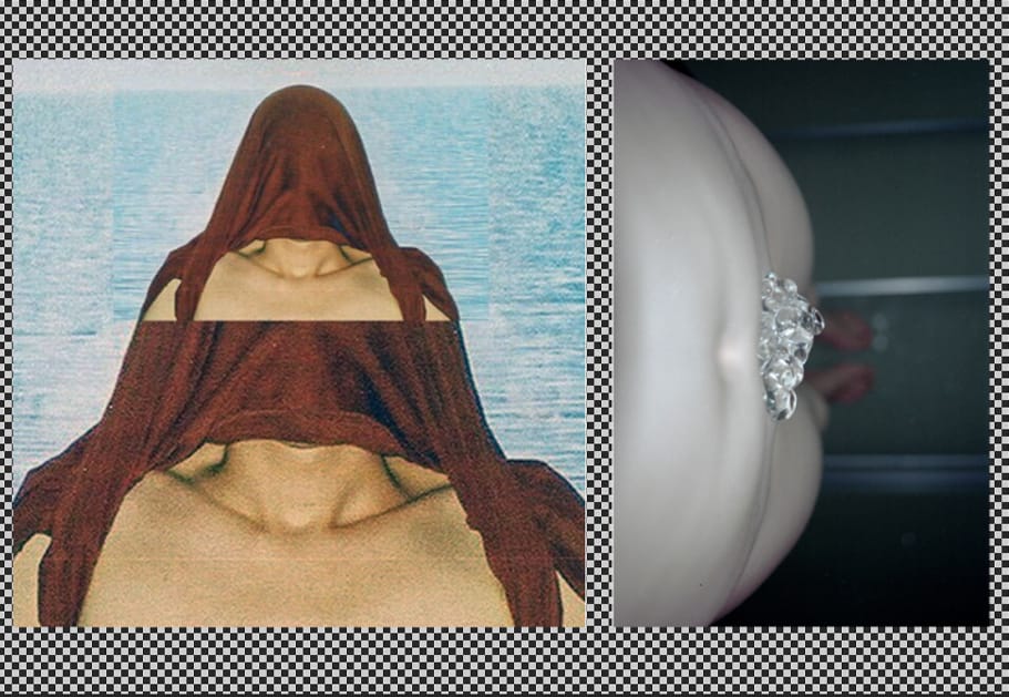 Collage of two photos on a checkered background showing female body.