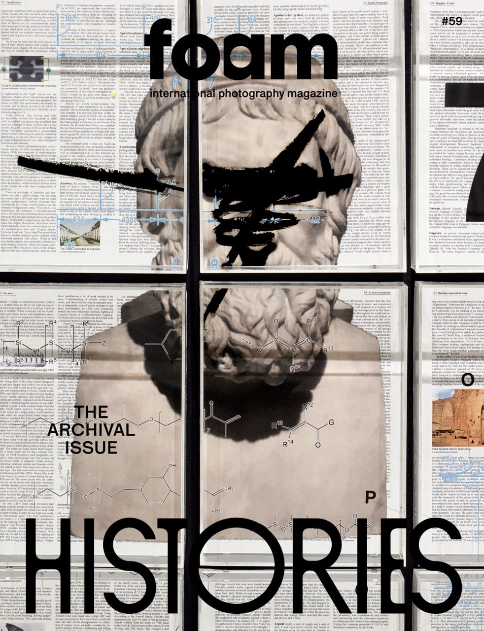 Cover of Foam magazine featuring a classical bust overlaid with text and graphics, including the words "Histories" and "The Archival Issue."